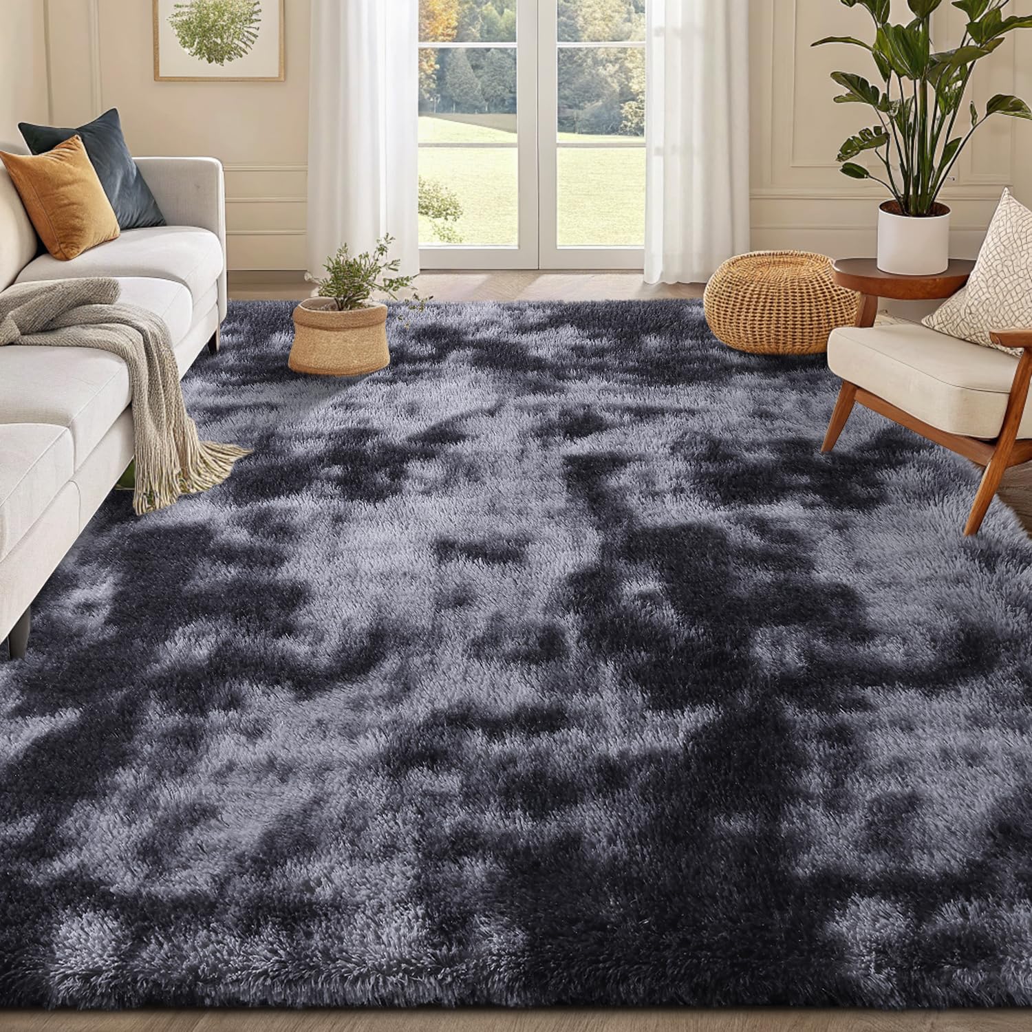 smiry Hochflor Teppich Wohnzimmer, Waschbar Anti-Rutsch Moderner Flauschiger Kuscheliger Teppich für Wohnzimmer Deko, Schlafzimmer, Kinderzimmer, 160 x 220 cm, Hellgrau