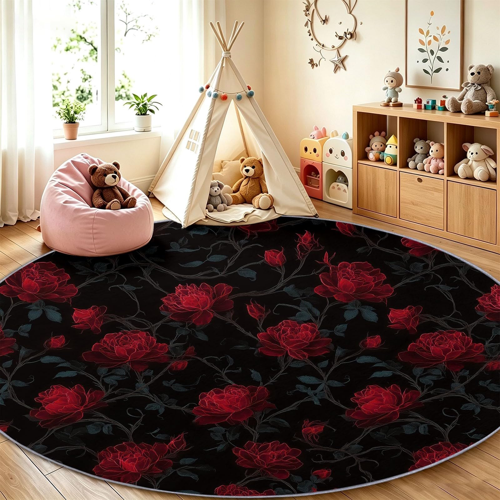 Tapis noir 120 cm rétro fleuri lavable et antidérapant