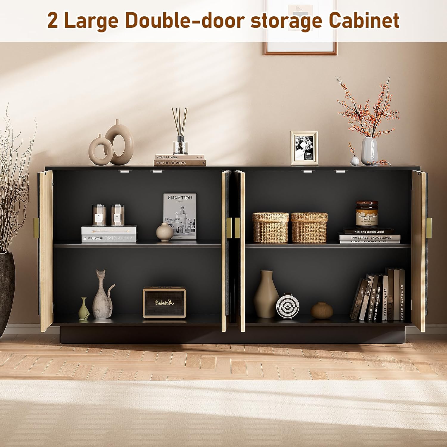 63'' Large Fluted Sideboard Buffet Cabinet, Modern Entertainment Center with Storage, TV Stand Wine Bar Storage Cabinet with 4 Doors for Dining Room(Camel/Black)