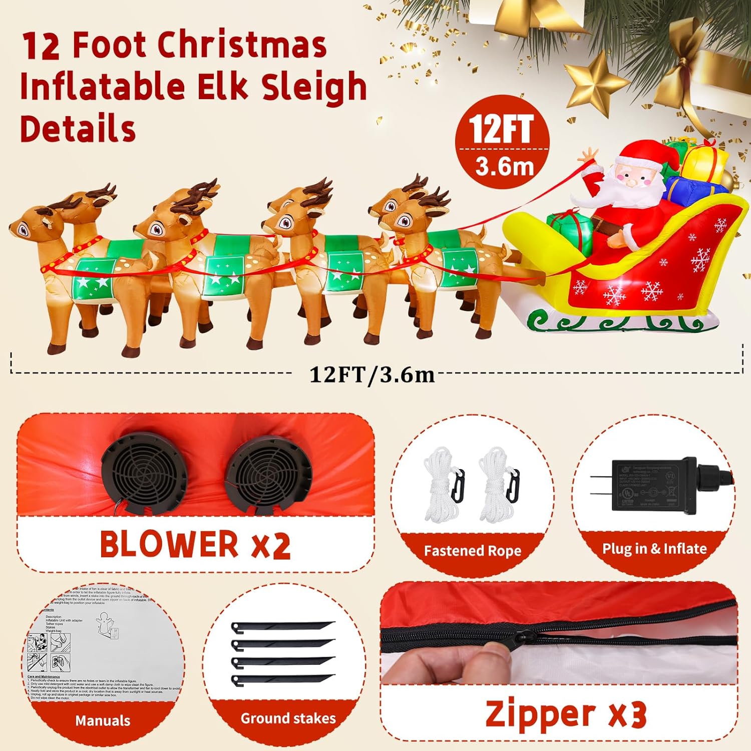 12 FT Christmas Inflatables with Santa Claus Reindeer Built-in LED Lights Blow Up Christmas Decor for Christmas Party Holiday Outdoor Garden Lawn Yard Decorations