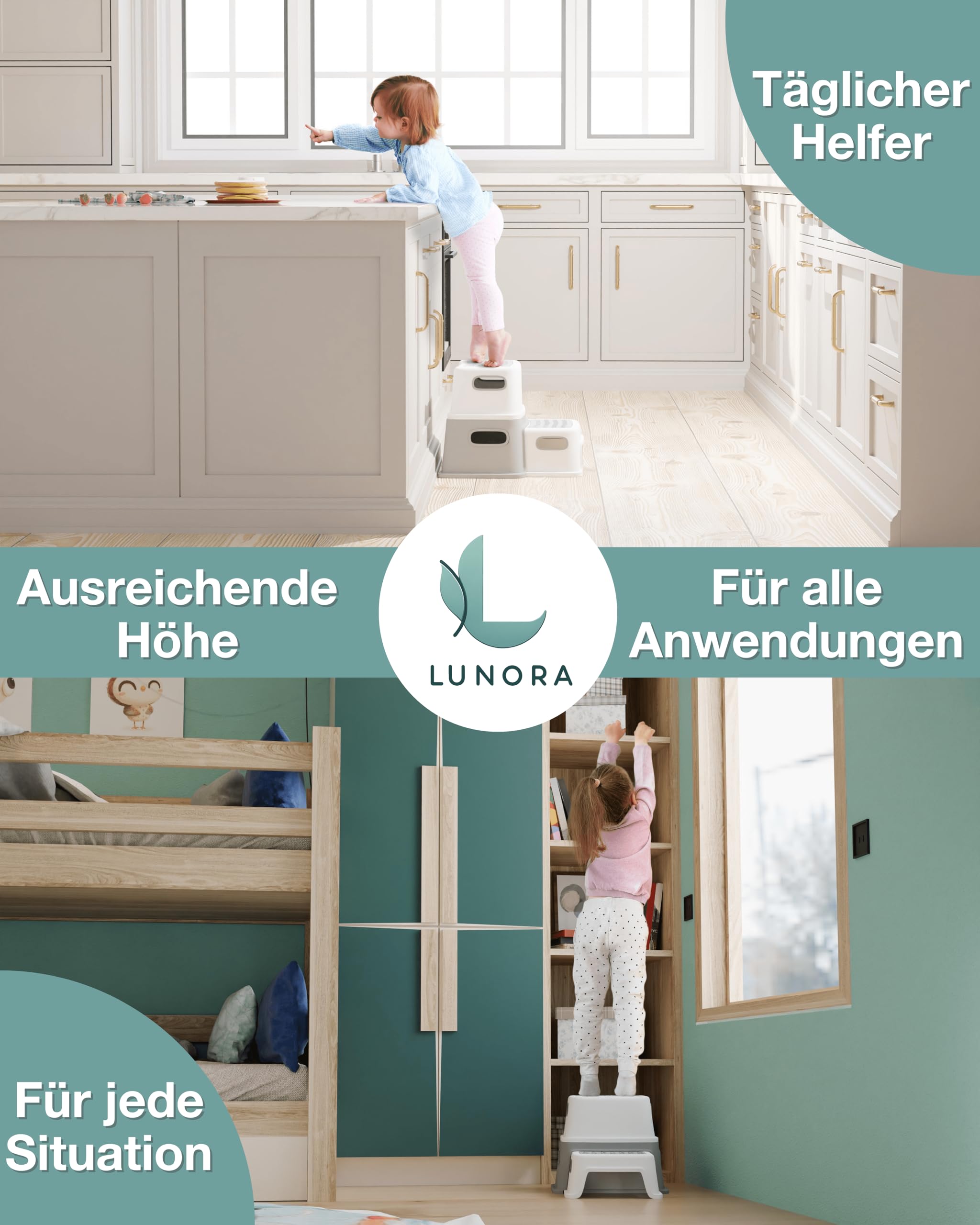 LUNORA StufenHeld Das Original | Der sichere Kinder Tritthocker mit Anti-Rutsch-Füßen & – Trittstufen | Hochwertiger Tritthocker Kinder 2 Stufen stabil & leicht für jeden Raum geeignet
