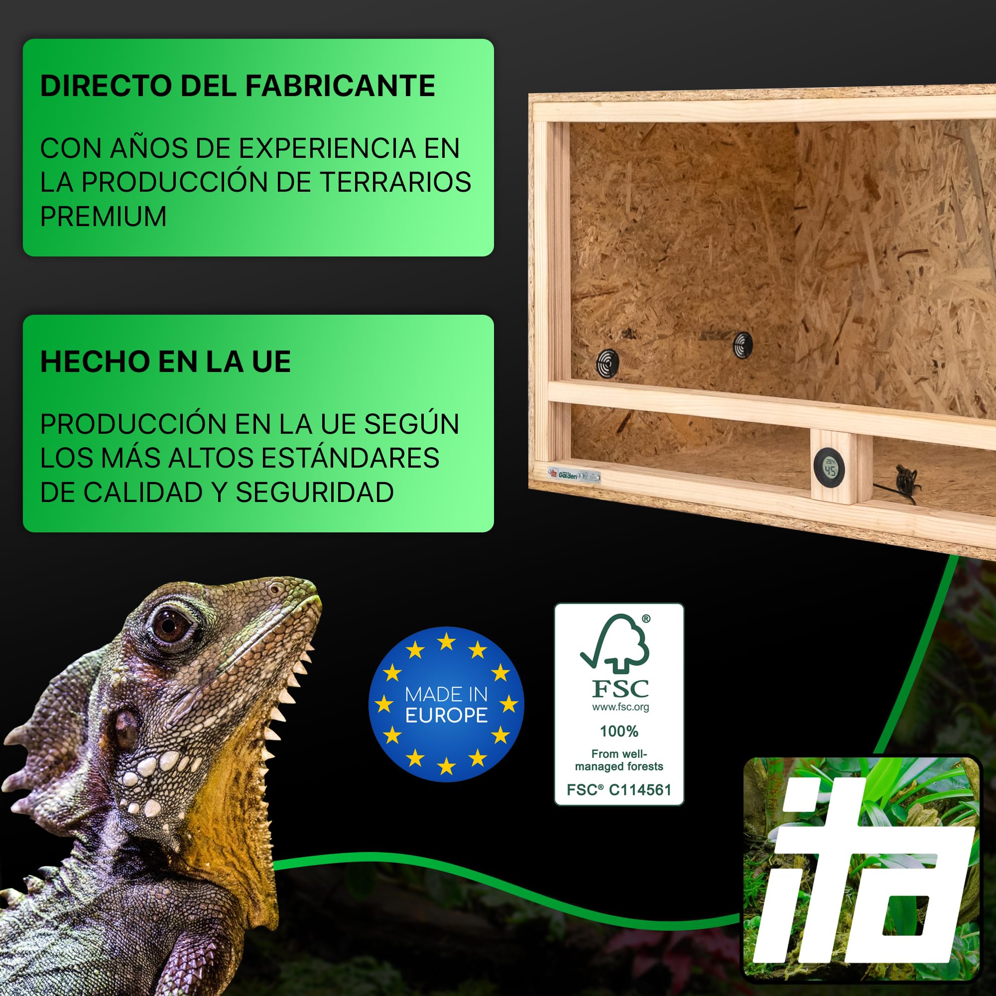ITA Terrario de Madera 100x50x50 cm con ventilación Lateral e higrómetro Integrado - Terrarios de OSB-3 - para Reptiles, Serpientes, Anfibios - Producto UE, Certificado FSC