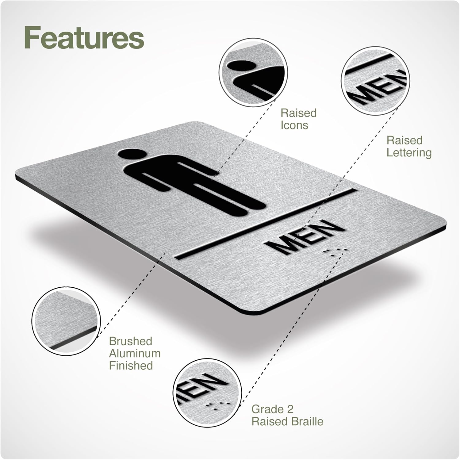 ADA Braille Men and Women Restroom Signs for Business with Double Sided 3M Strong Tape (Pack of 4) - Aluminum Bathroom Sign 6” x 8” for Offices and Restaurants