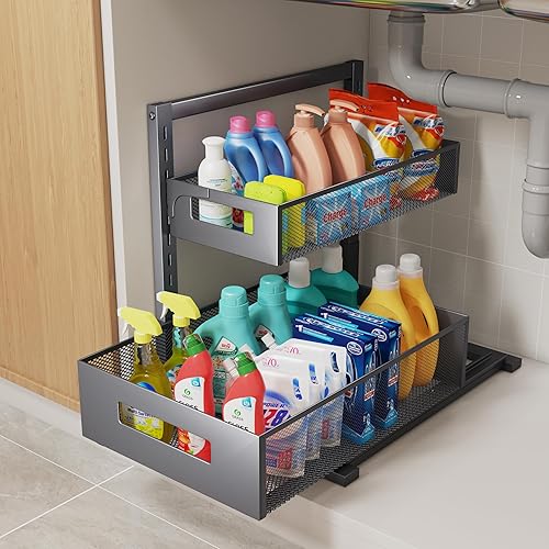 Miniatura 8 de Organizador para debajo del fregadero, organizador de gabinete extraíble de altura ajustable, organizador de baño de 2 niveles con cajones