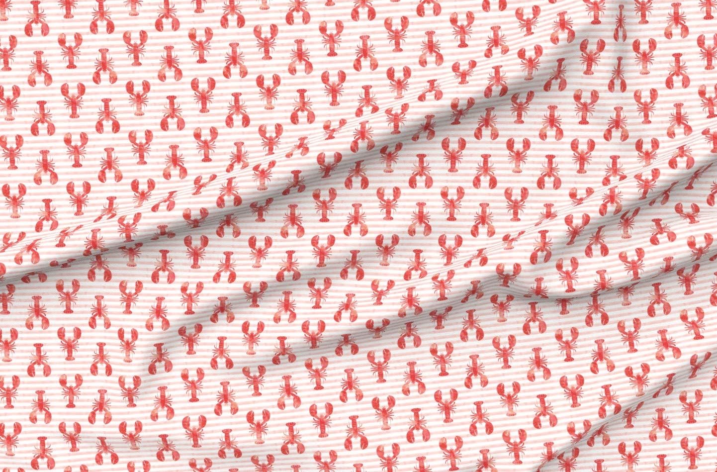 Spoonflower Fabric - Lobsters Stripes Pink Red Lobster Stripe Watercolor Nautical Trendy Printed on Minky Fabric by The Yard - Sewing Baby Blankets Quilt Backing Plush