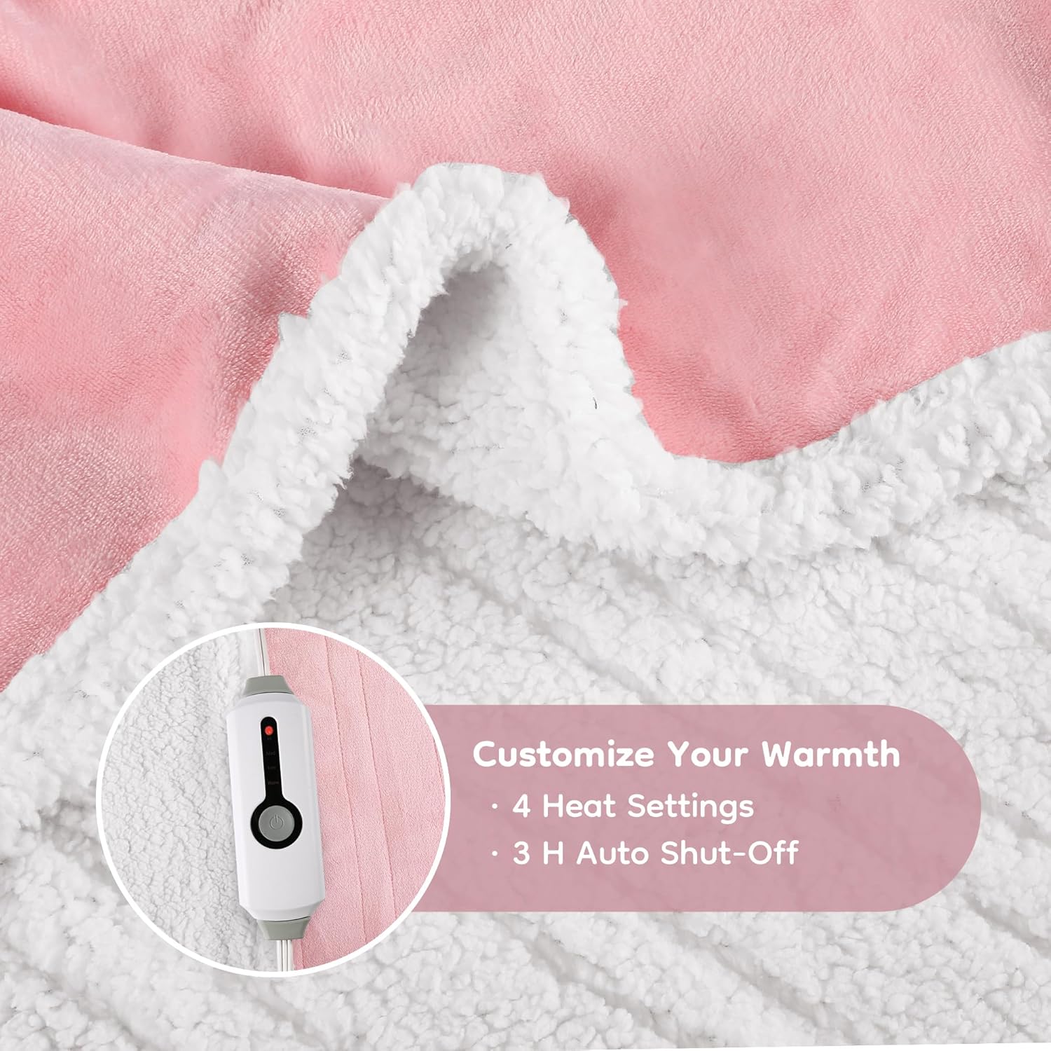 Electric Heated Blanket Throw Size - 50"x60", Soft Flannel Heating Blanket, 4 Heating Levels, 3 H Auto Shut Off, Breathable Warm and Washable for Sofa, Light Pink - Image 2