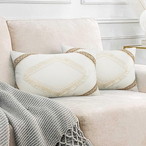 Miniatura 9 de Merrycolor Juego de 2 fundas de almohada neutras de 20 x 20 pulgadas, modernas, rústicas, rústicas, para sofá, sala de estar, beige y blanco crema,