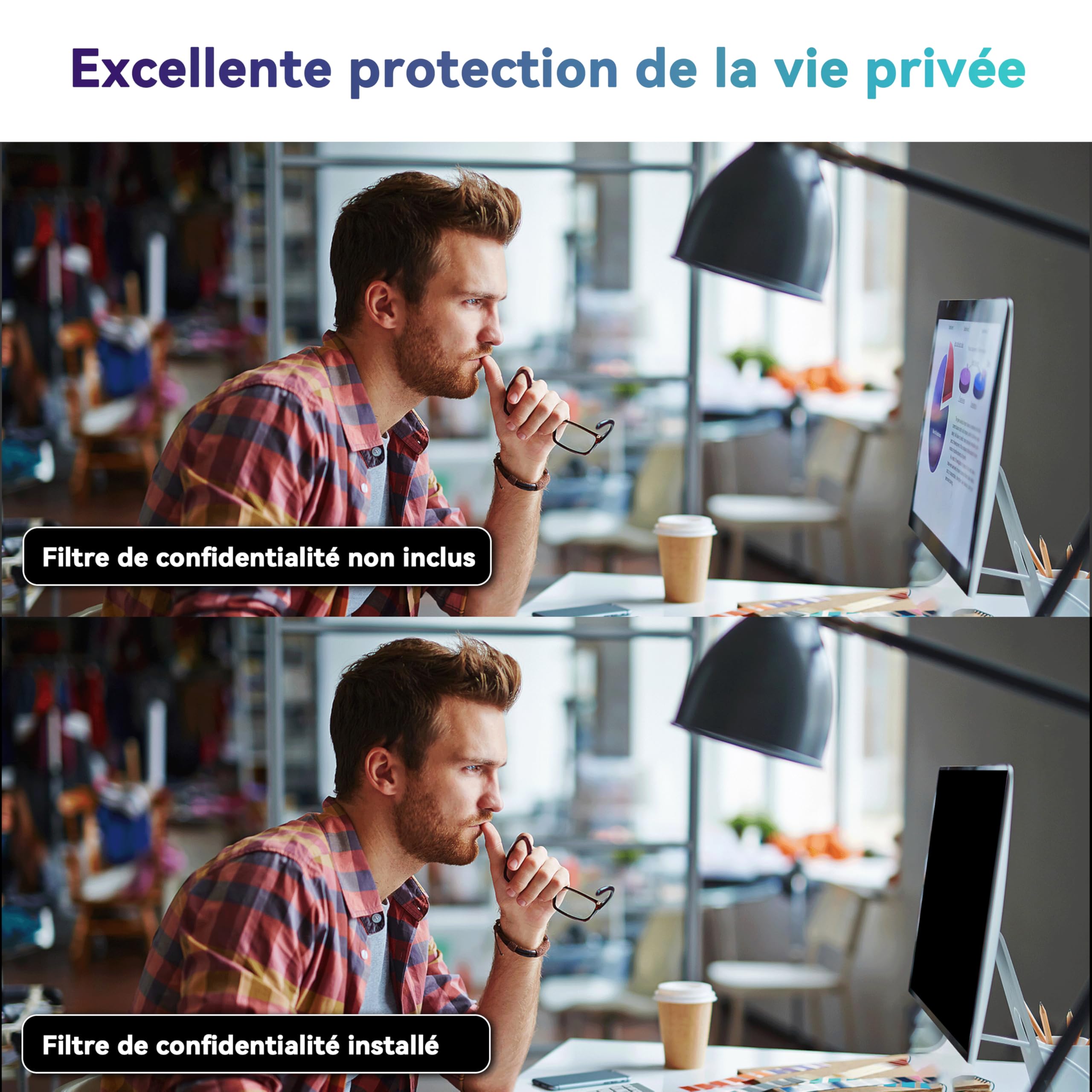 Filtre de Confidentialité Premium 27 Pouces 16:9 - Protection d'Écran Amovible Anti-Espion, Anti-Lumière Bleue et Anti-Regard, Compatible avec la Plupart des Moniteurs PC 27 Pouces