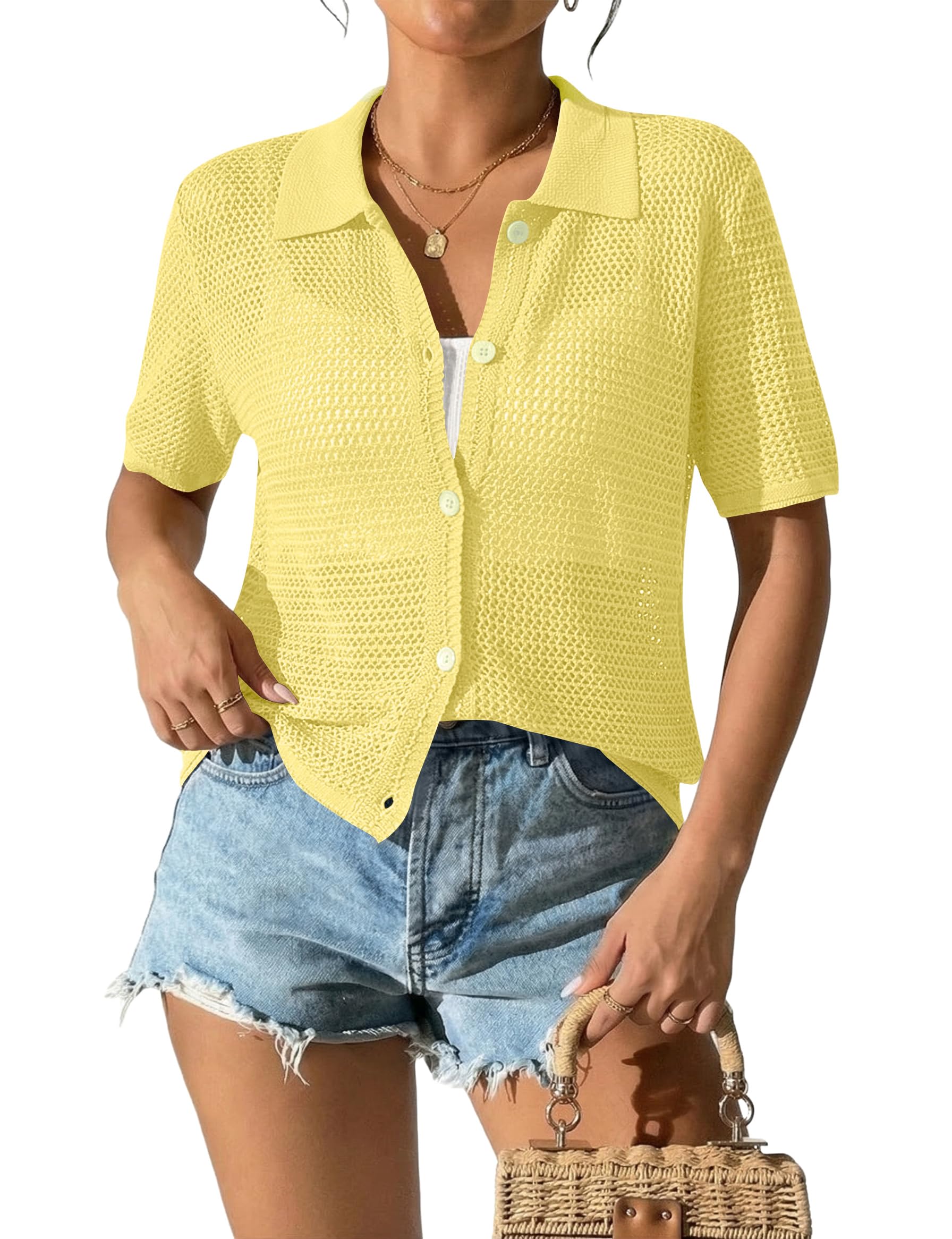 AKEWEI Womens Spring Summer Cardigans Collared Short Sleeve Sweater Shirts Crochet Beach Cover Up Tops