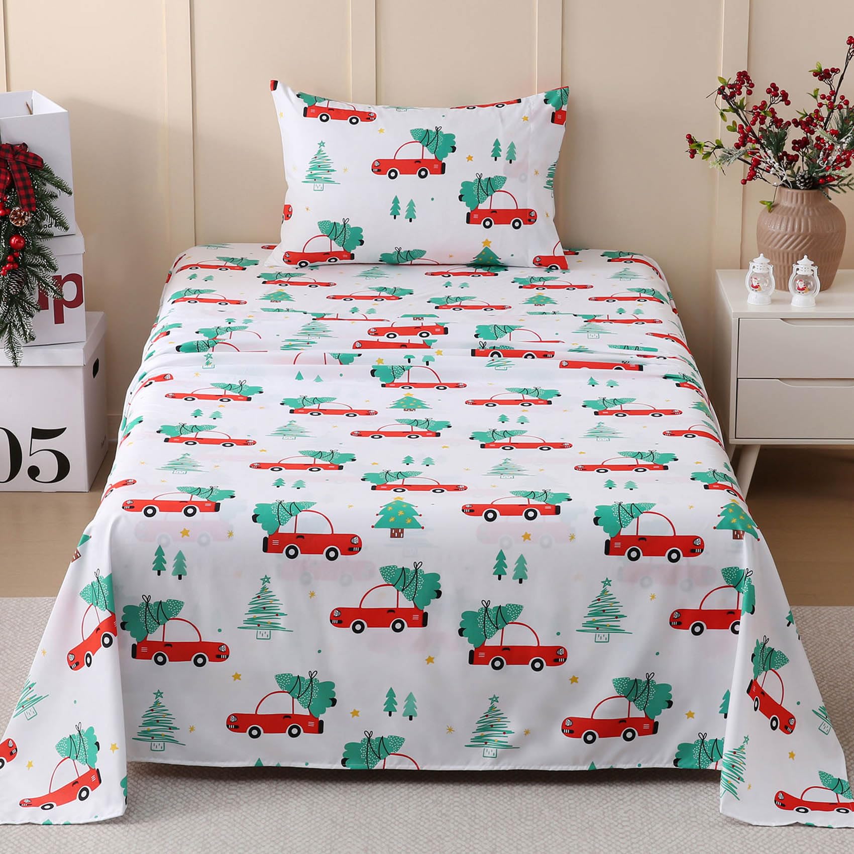 JSD Red Cars Christmas Kids Twin Sheet Set 3 Piece