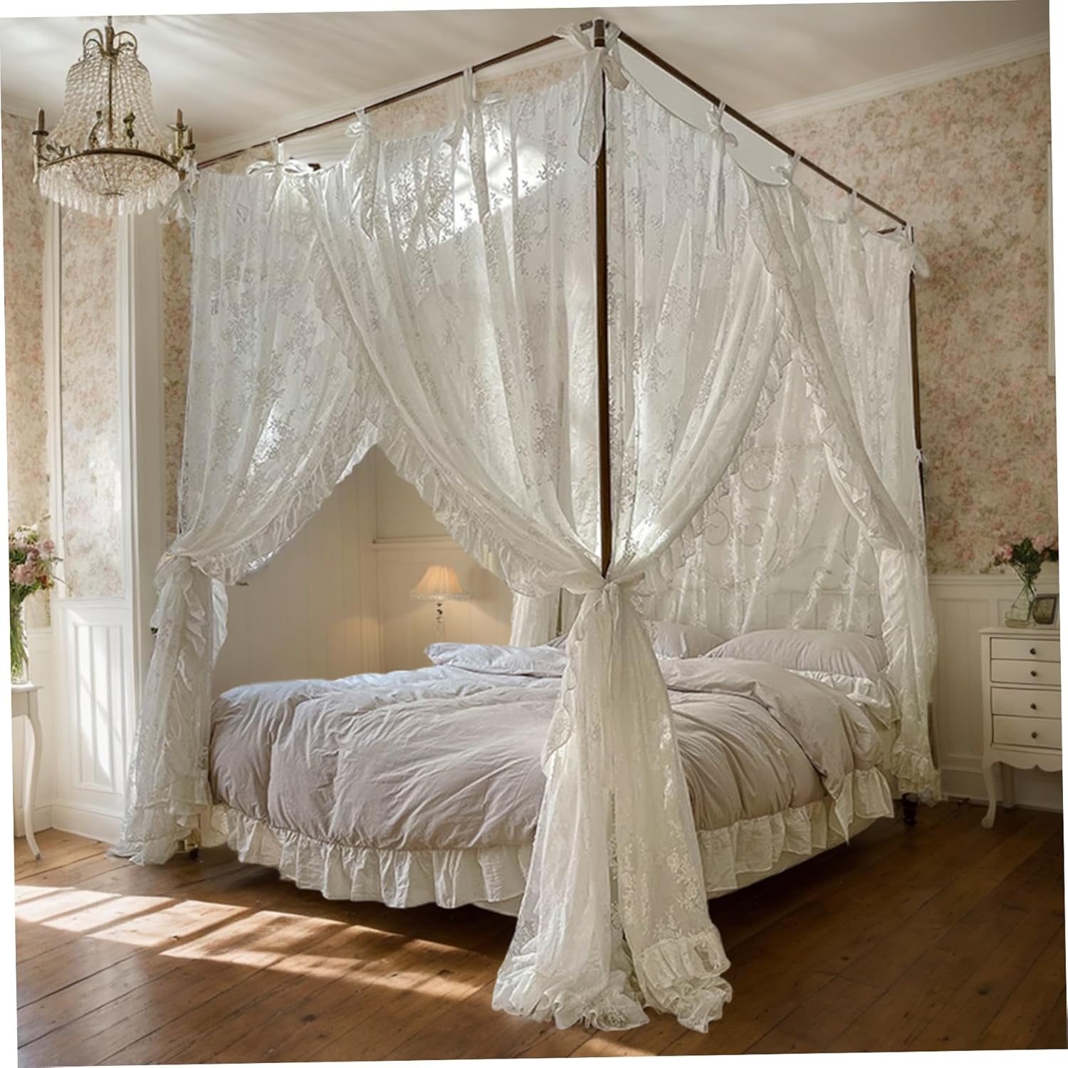 Canopy Bed Curtains, Three-Opening Lace Princess Canopy, 4 Corner Post Hanging Curtains with Ties Fit 4.92ft Bed Home Bedroom Mosquito Net.