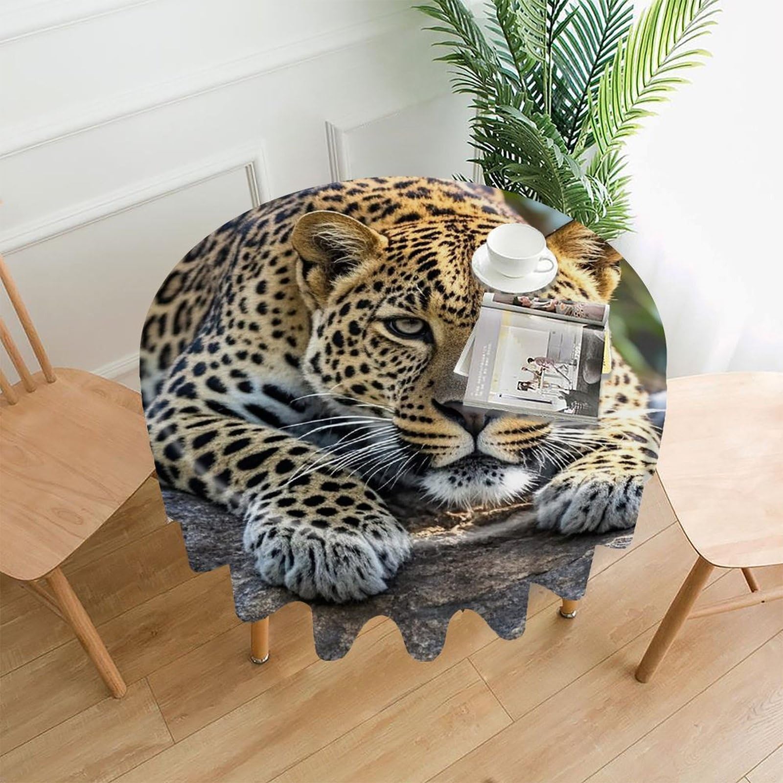 LZQPOEAS Leopard on The Stone Tablecloth Decorative Round Table Cloth Wrinkle Resistant Round Tablecloth Washable Circle Table Cover for Kitchen Dining Party Wedding Camping 60 Inch