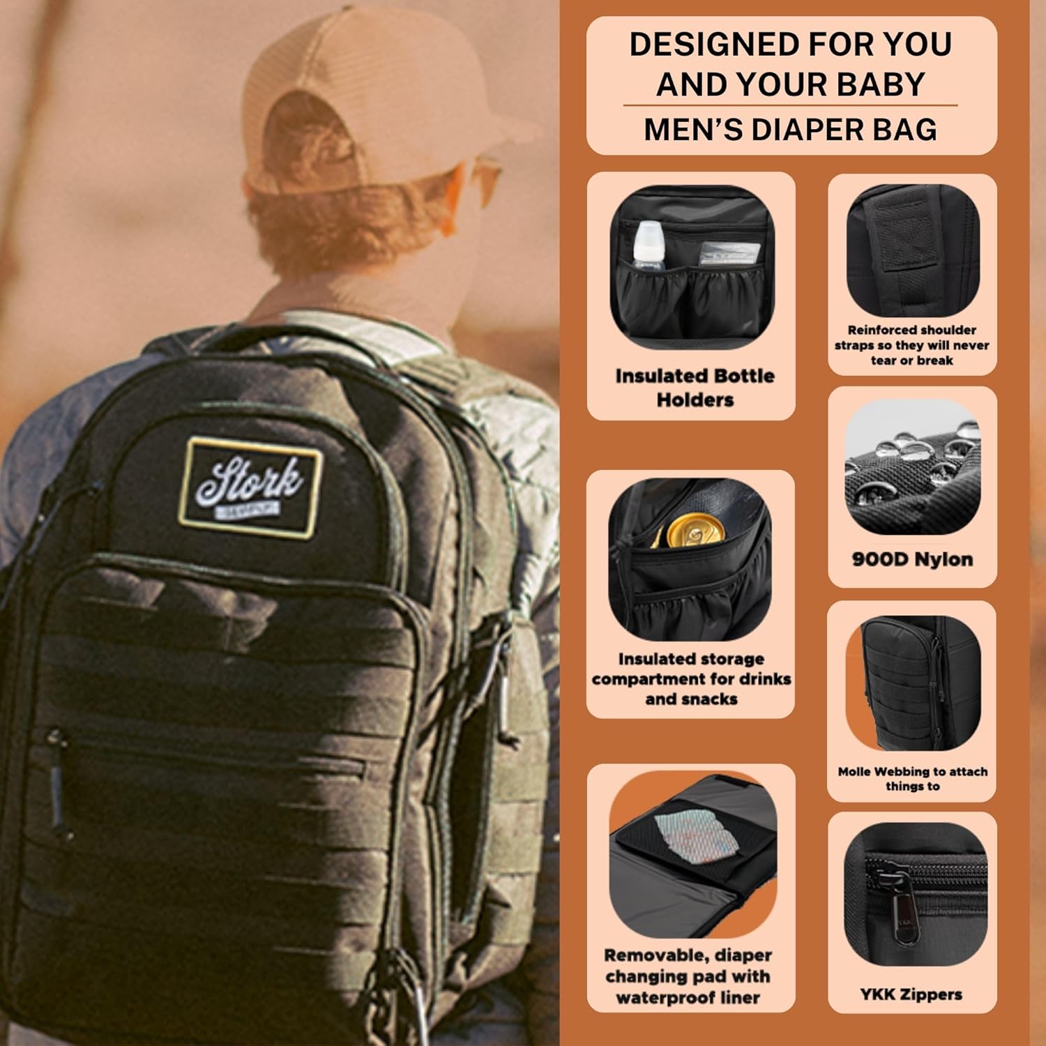 Stork Supply Baby Diaper Backpack - Military-Grade, Men's Diaper Bag Backpack and Changing Mat, Baby Diaper Travel Bag for Dads & Moms, Large, Black