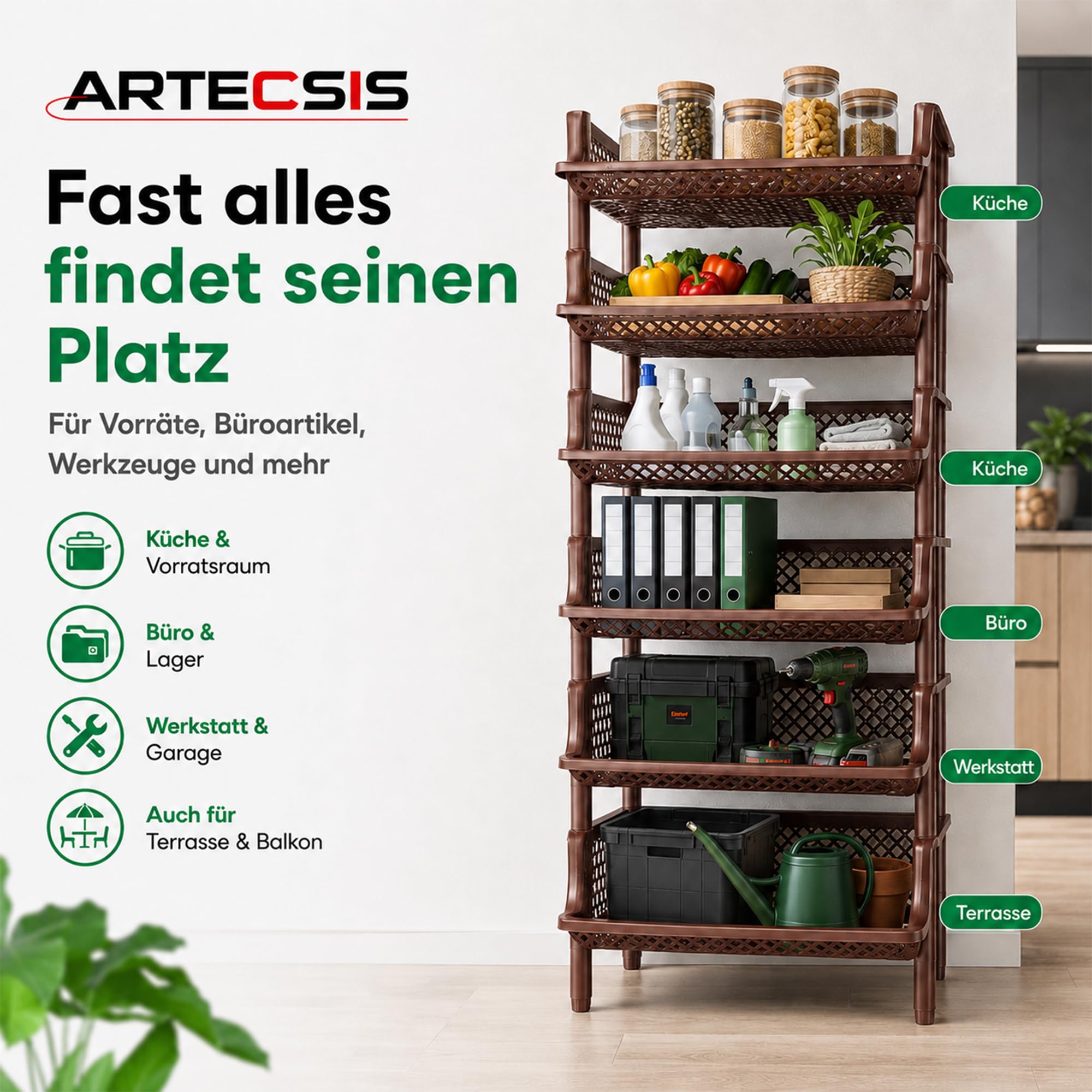 ARTECSIS Korbregal aus Kunststoff stapel-/erweiterbares Stecksystem als Stapelregal, 6 Regalelemente in Braun