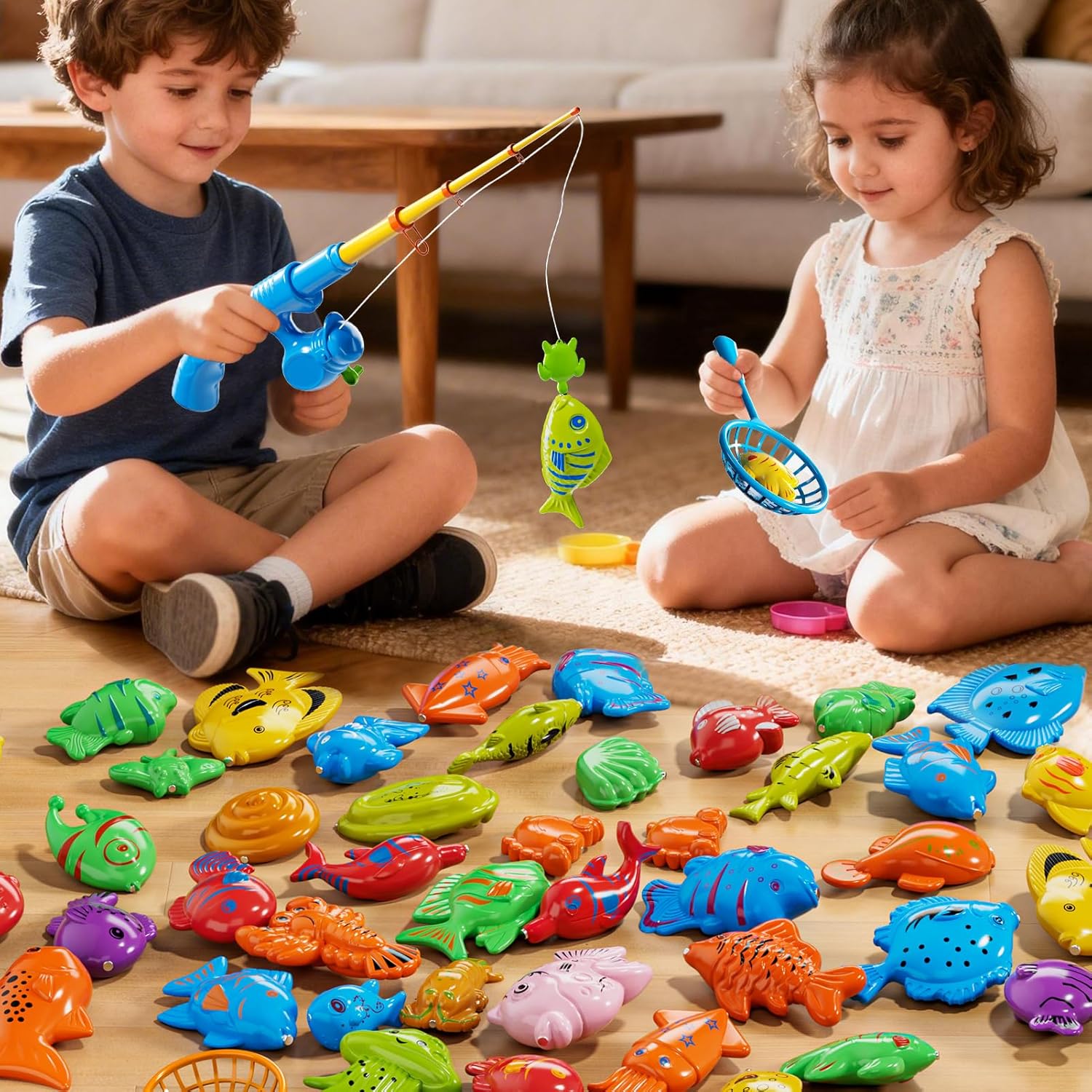 Magnetic Fishing Game Toys for Kids Toddlers 3-5 4-8, Water Table Bathtub Toys with Pole Rod Net & Fish, Water Bath Pool Outdoor Fishing Toys for Kids Toddlers Baby Boys Girls Age 3 4 5 6 7 8 Year Old