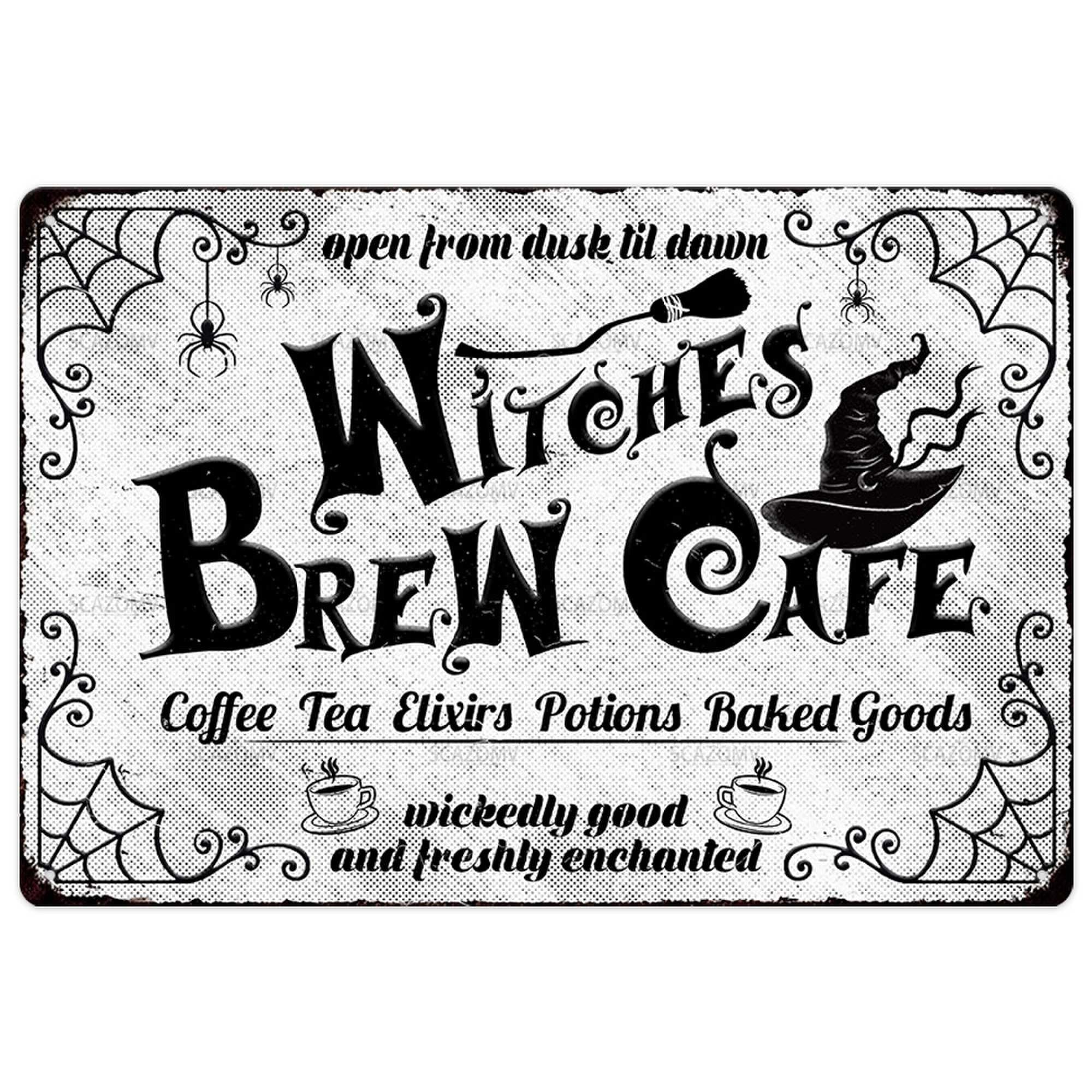 Witches Brew Cafe Vintage Metal Signs Halloween Decorations, Coffee Tea Elixirs Potions Baked Goods Halloween Home Kitchen Cafe Bar Wall Decor, 8" X