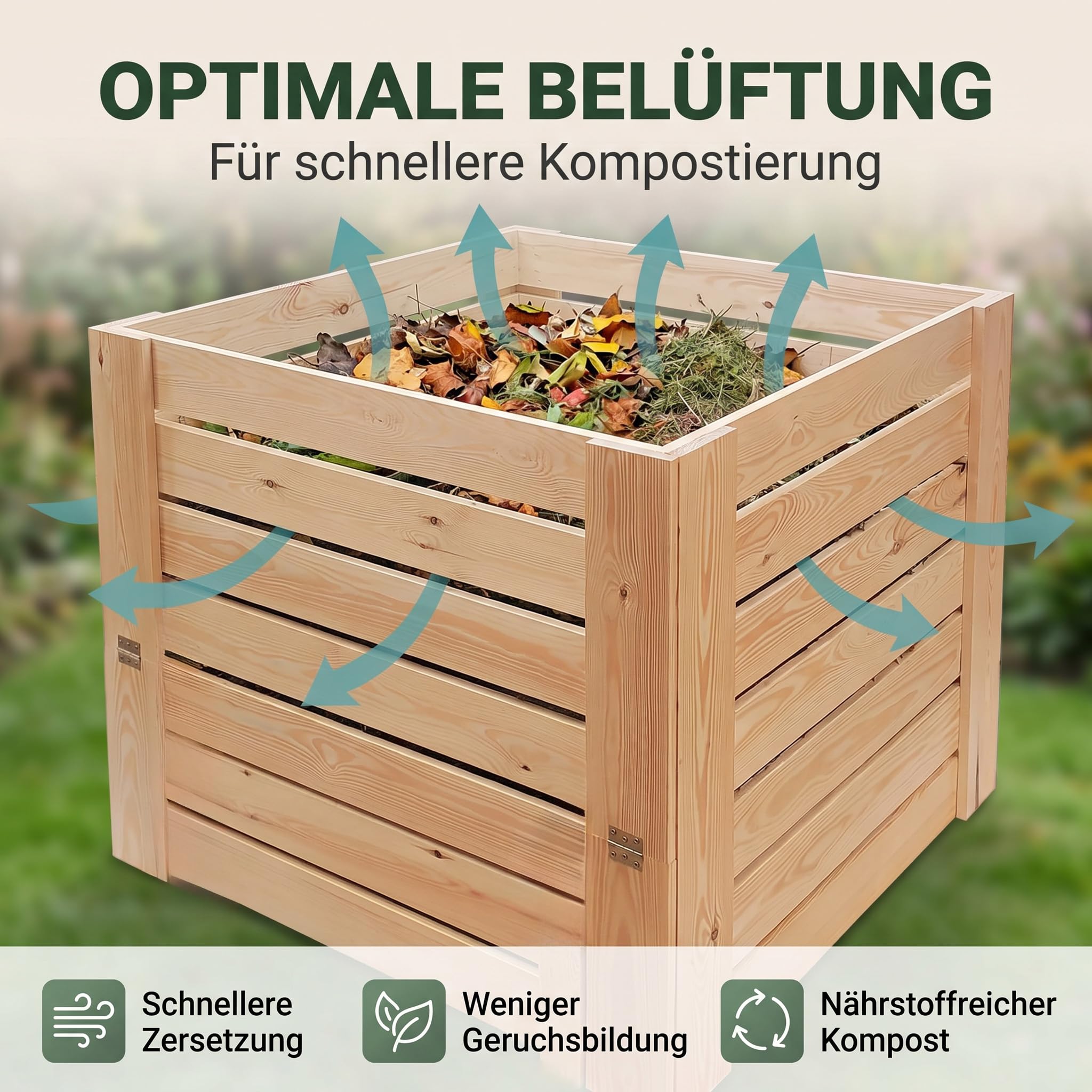 VELORA H&L Gartenkomposter 512 L - Komposter aus Naturholz mit Entnahmeklappe unten, Kompostbehälter für Garten- und Küchenabfälle