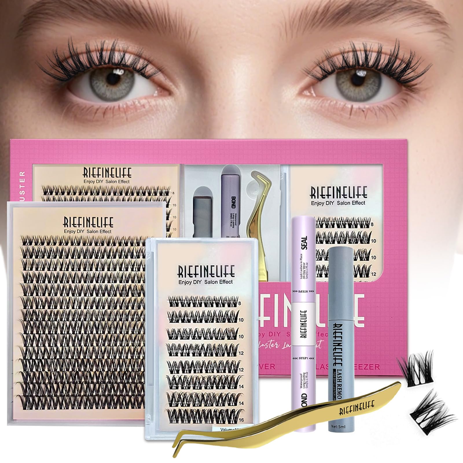 Lash Clusters Kit, 8‑18mm DIY Eyelash Extension kit,D Curl Waterproof Dramatic False Eyelashes with Bond and Seal,Remover,Tweezers,Wispy Individual
