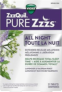 Vicks ZzzQuil PURE Zzzs All Night, Extended Release Melatonin Sleep Aid Tablets, Slow Release Melatonin Up To 6 hours, Sleep Aid For Adults, 2 mg Per Tablet, 21 Tablets