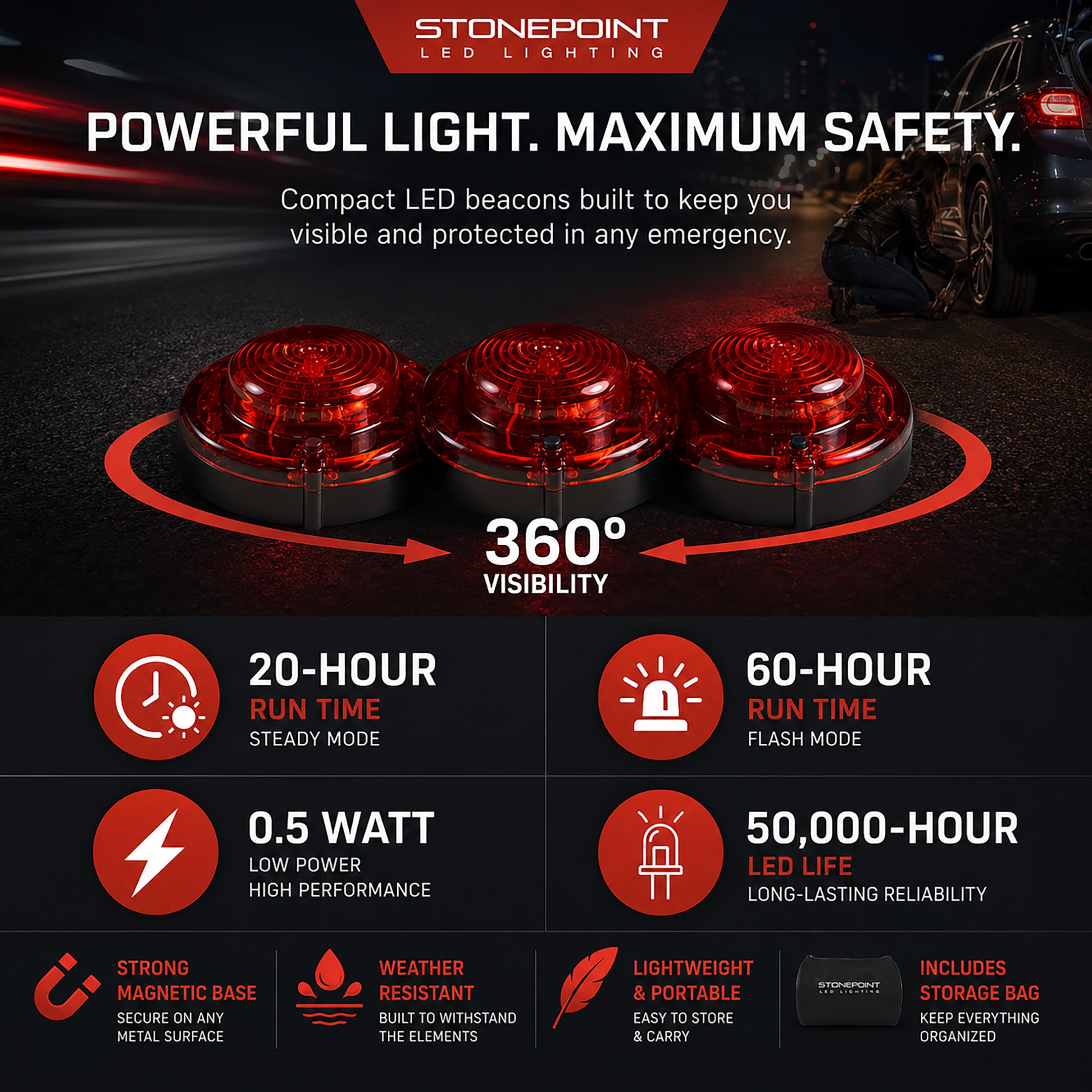 First Alert - Luces LED Rojas de Emergencia para Carretera, Juego de 3 Luces con Bolsa de Almacenamiento