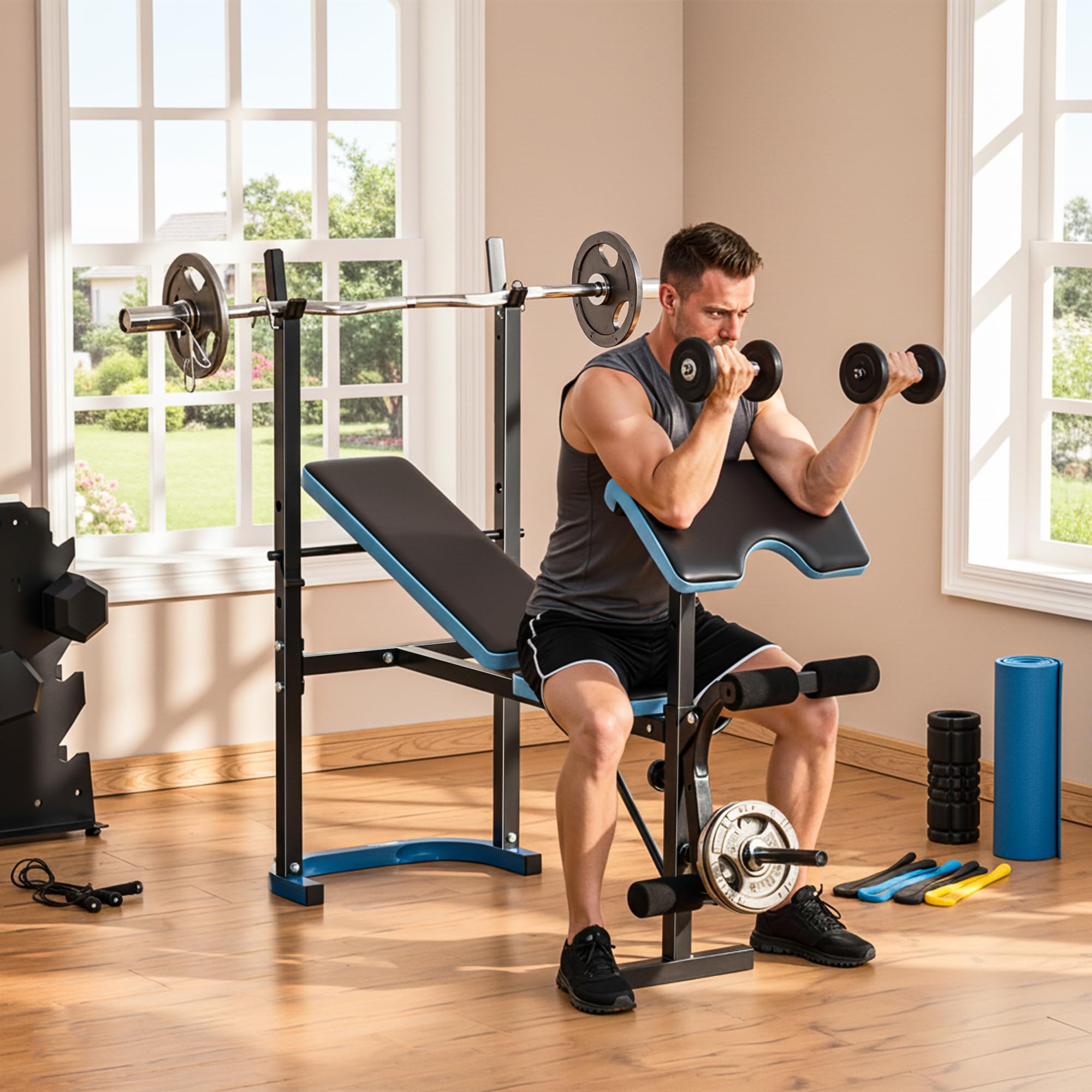 HOMCOM Banco de Musculación Multifuncional Banco de Pesas Negro y Azul | Soporte para Barra, Respaldo Ajustable, Entrenamiento Completos de Cuerpo, Casa Gimnasio
