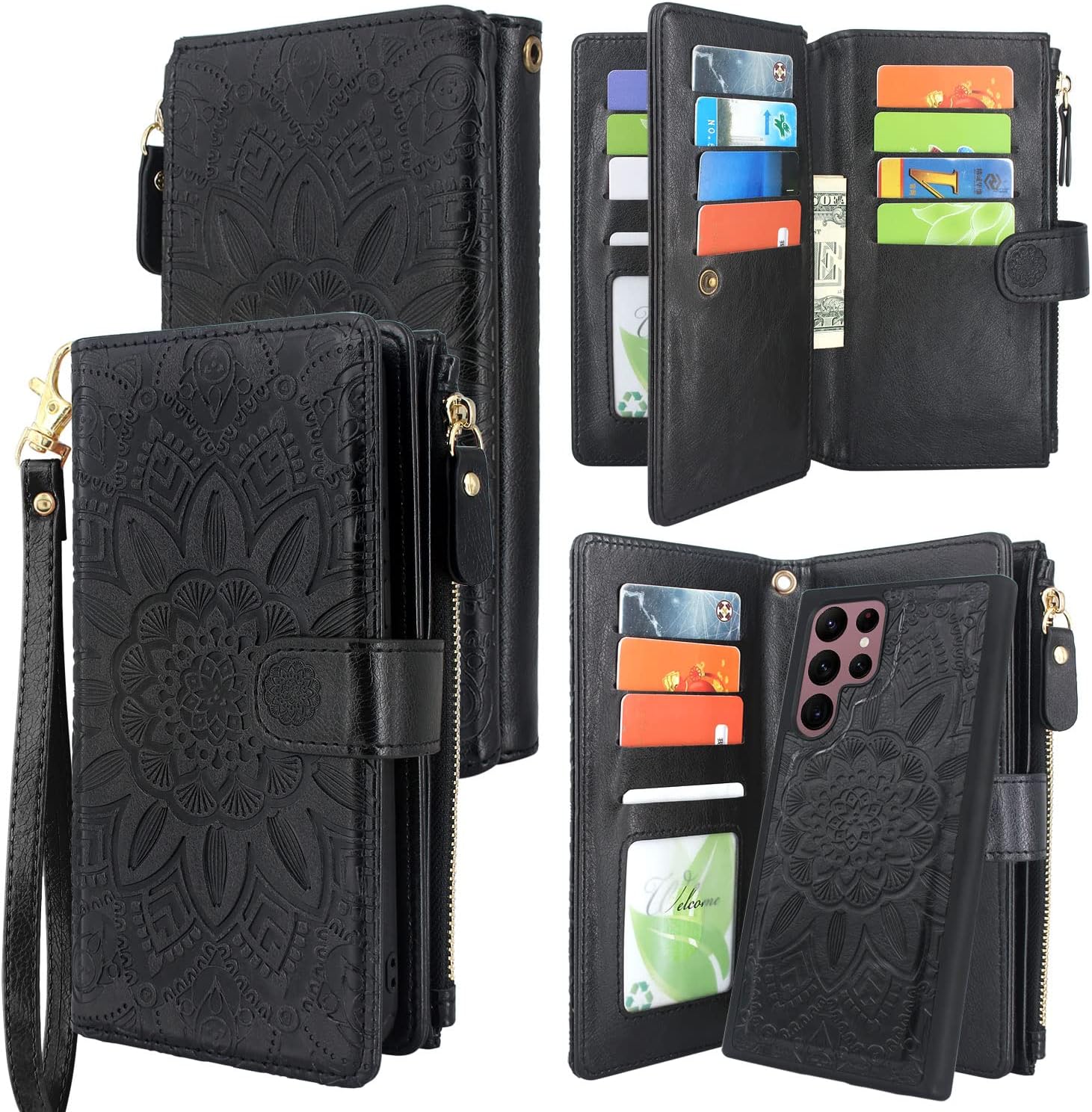 Harryshell Detachable Magnetic Zipper Wallet Leather Case with Cash Coin Pocket 12 Card Slots Holder Wrist Strap Lanyard for Samsung Galaxy S22 Ultra (2022) Flower (Black)
