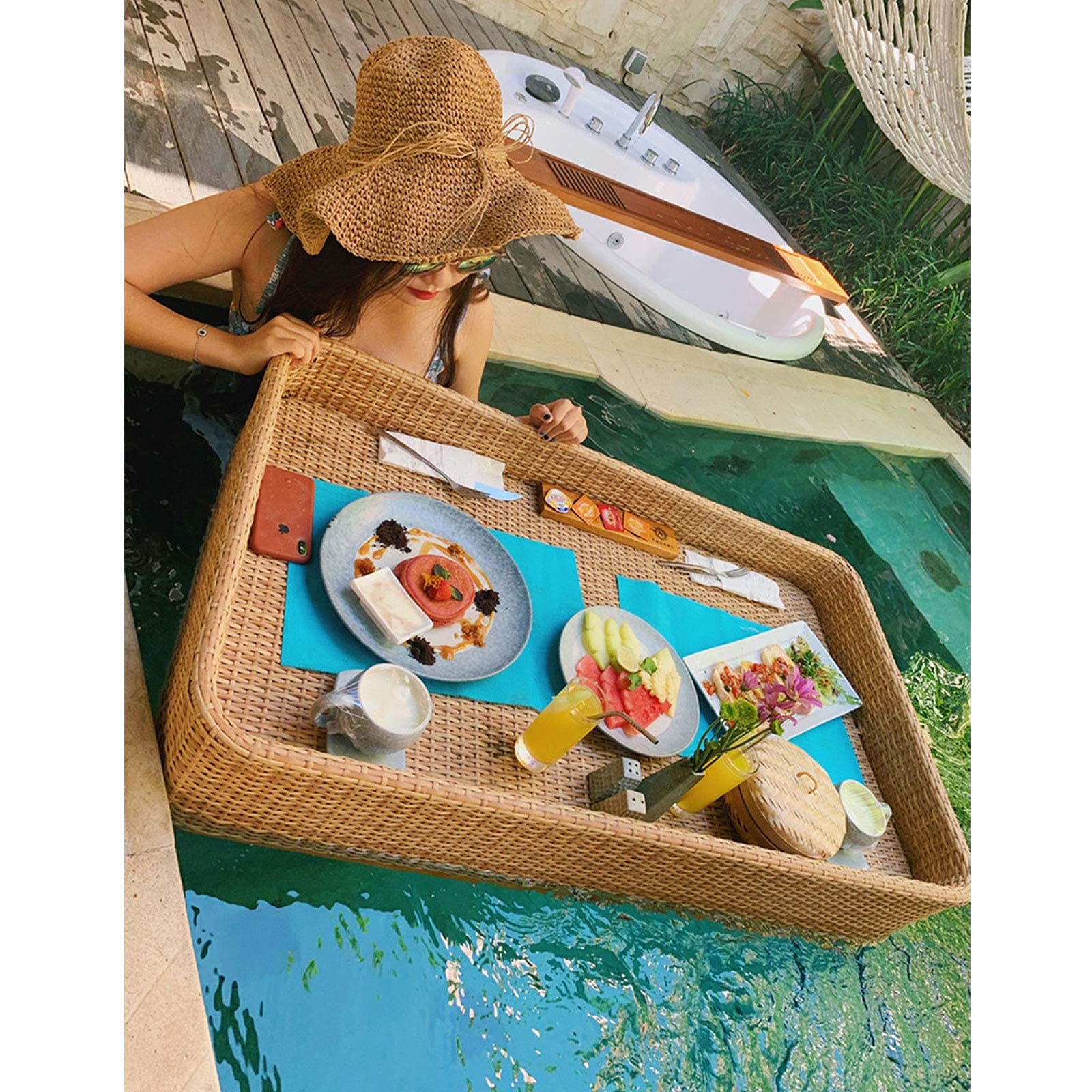 Plateau de Service tissé en rotin Plateau Alimentaire avec poignées Plateau Flottant Plateau de Service Flottant de Luxe Table Bar Piscine Plateau Flottant pour Piscine Servant des Boissons