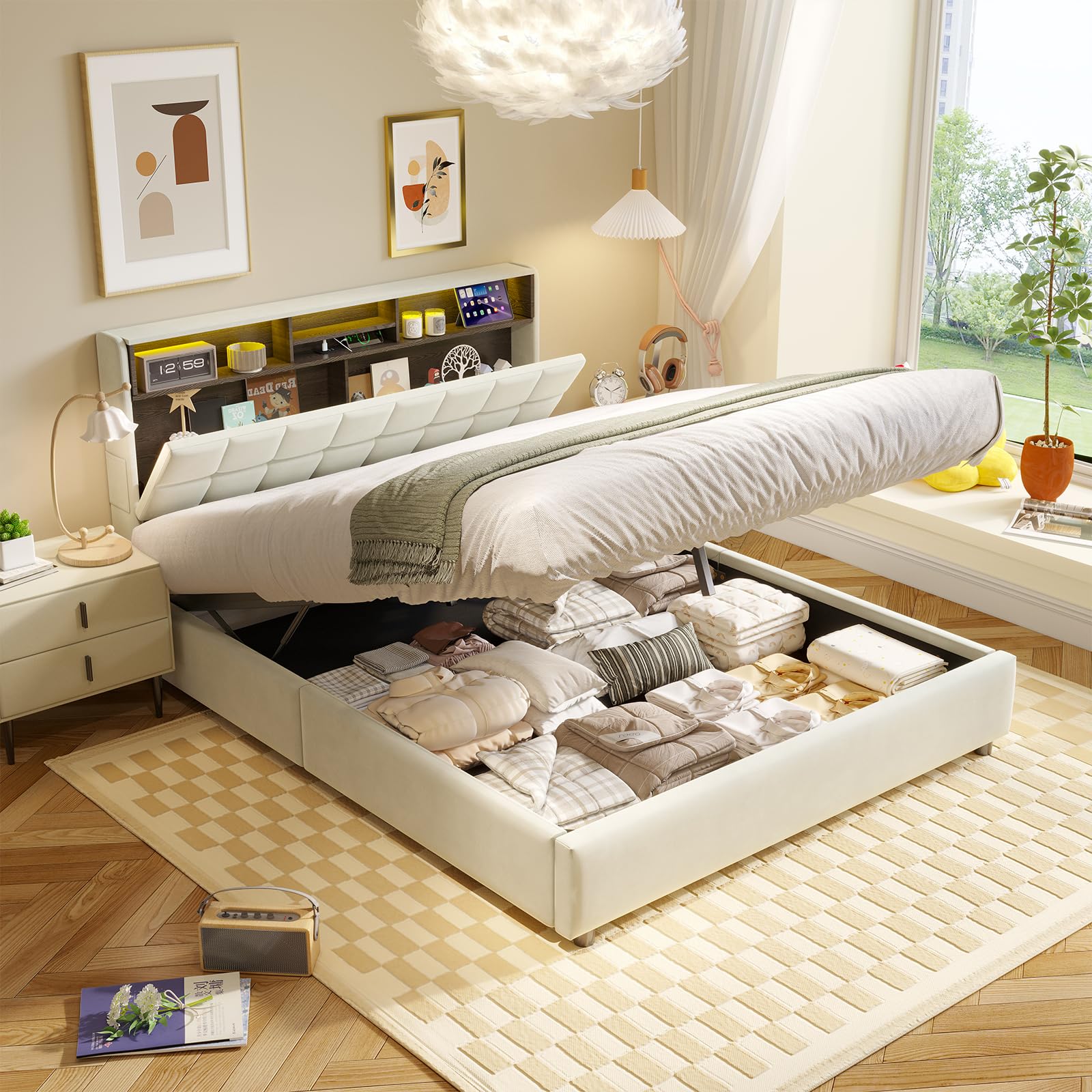 Letto Contenitore Matrimoniale 160x200 cm con LED e USB, Struttura Letto King Size con Alzata a Gas Idraulica, Letto Imbottito, Beige
