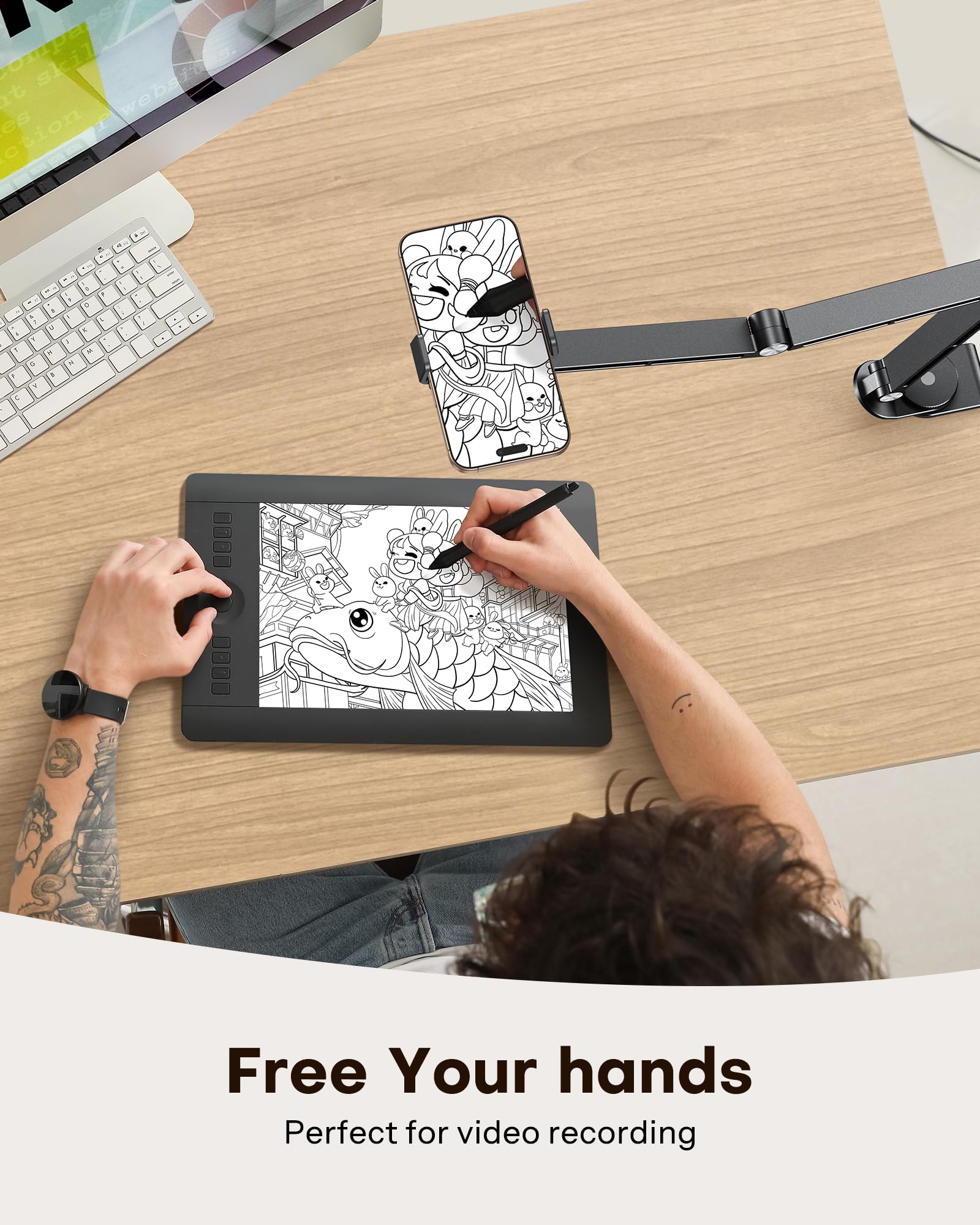 OMOTON Supporto per tablet in alluminio per scrivania, girevole a 360° per iPad, supporto regolabile per telefono da letto con braccio stabile, adatto per tutti gli iPhone/tablet fino a 12", Nero
