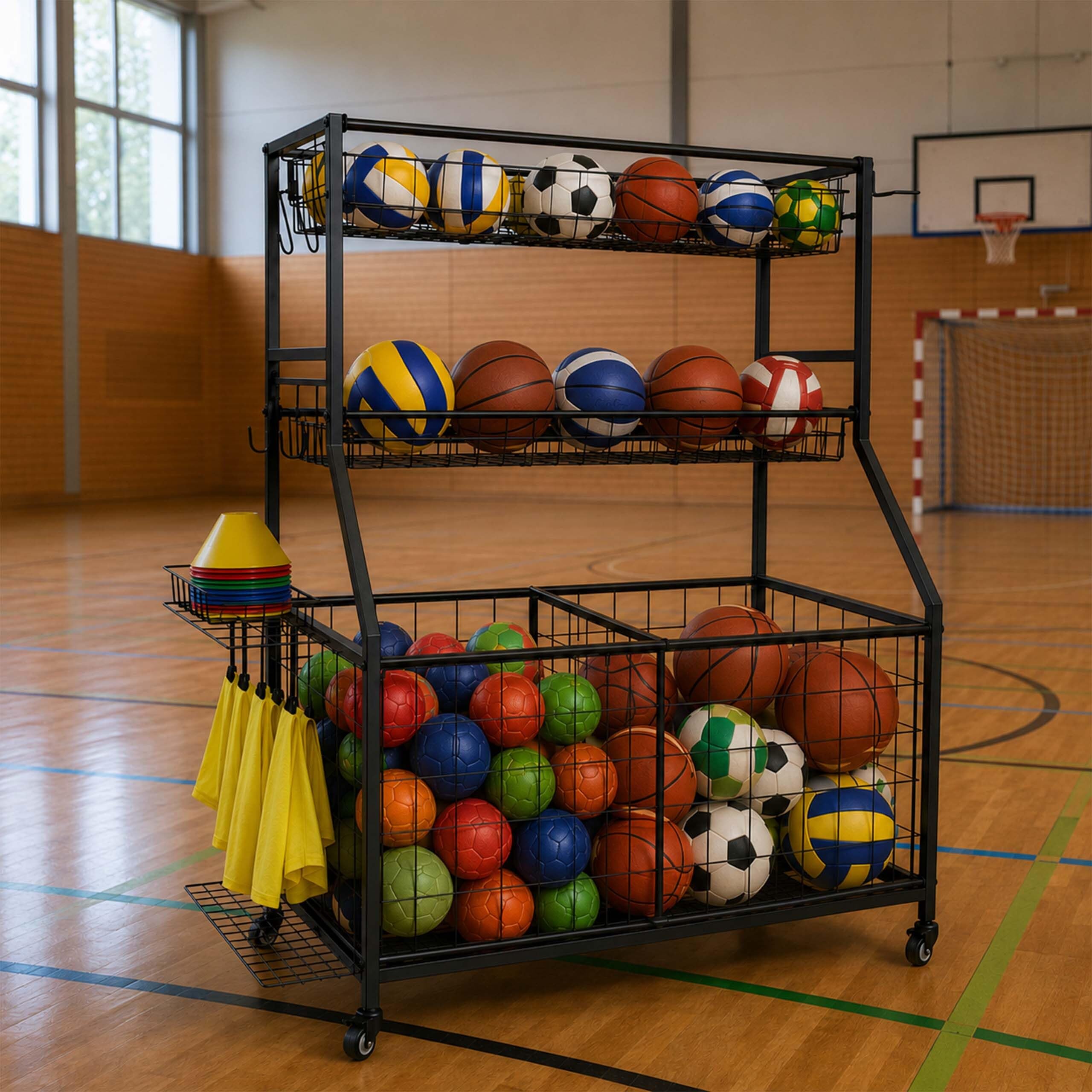 Relaxdays – organizer na sprzęt sportowy, 116 x 91,5 x 43 cm, 4 kółka, 2 hamulce, metalowy wózek na piłki, czarny