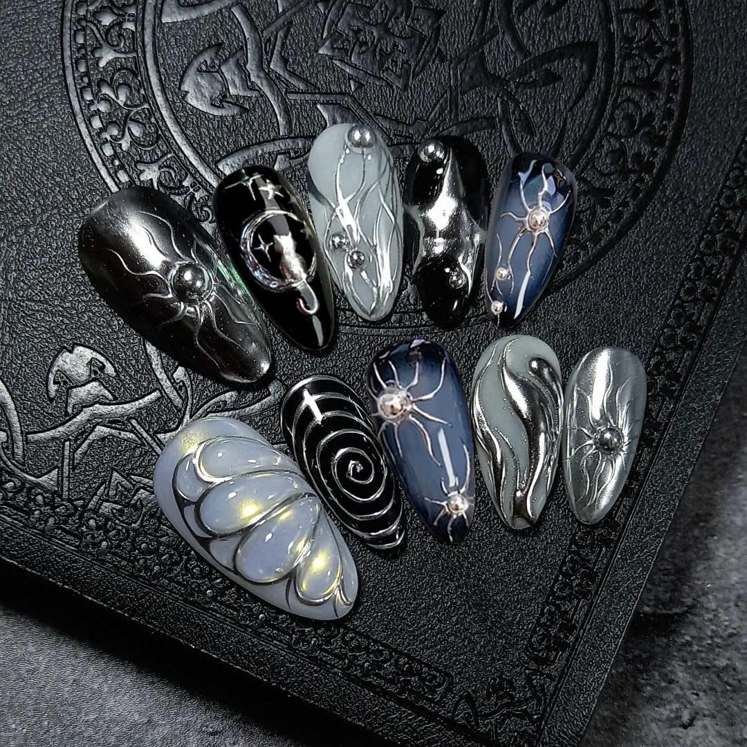 Photo 1 of 24Pcs Gothic Handmade Press on Nails Medium Almond Fake Nails with 3D Butterfly & Silver Star Irregular Design Cat Chrome False Nails Punk Black Nail Tips Y2K Cute Stick on Nails for Women