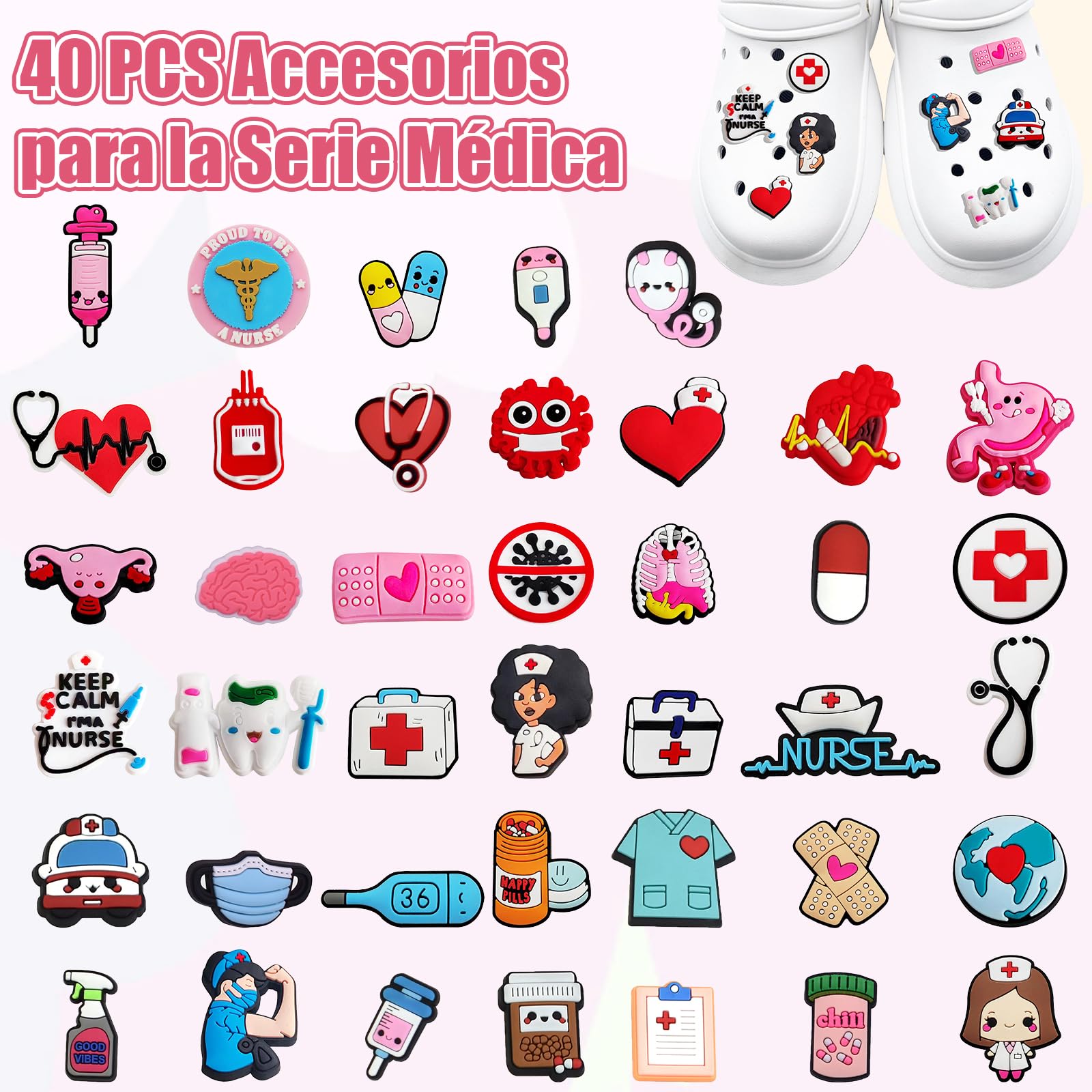40/82 PCS Nurse Doctor Accesorios para Shoes, PVC Pin Crocs Waterproof Adornos Medical Care Series