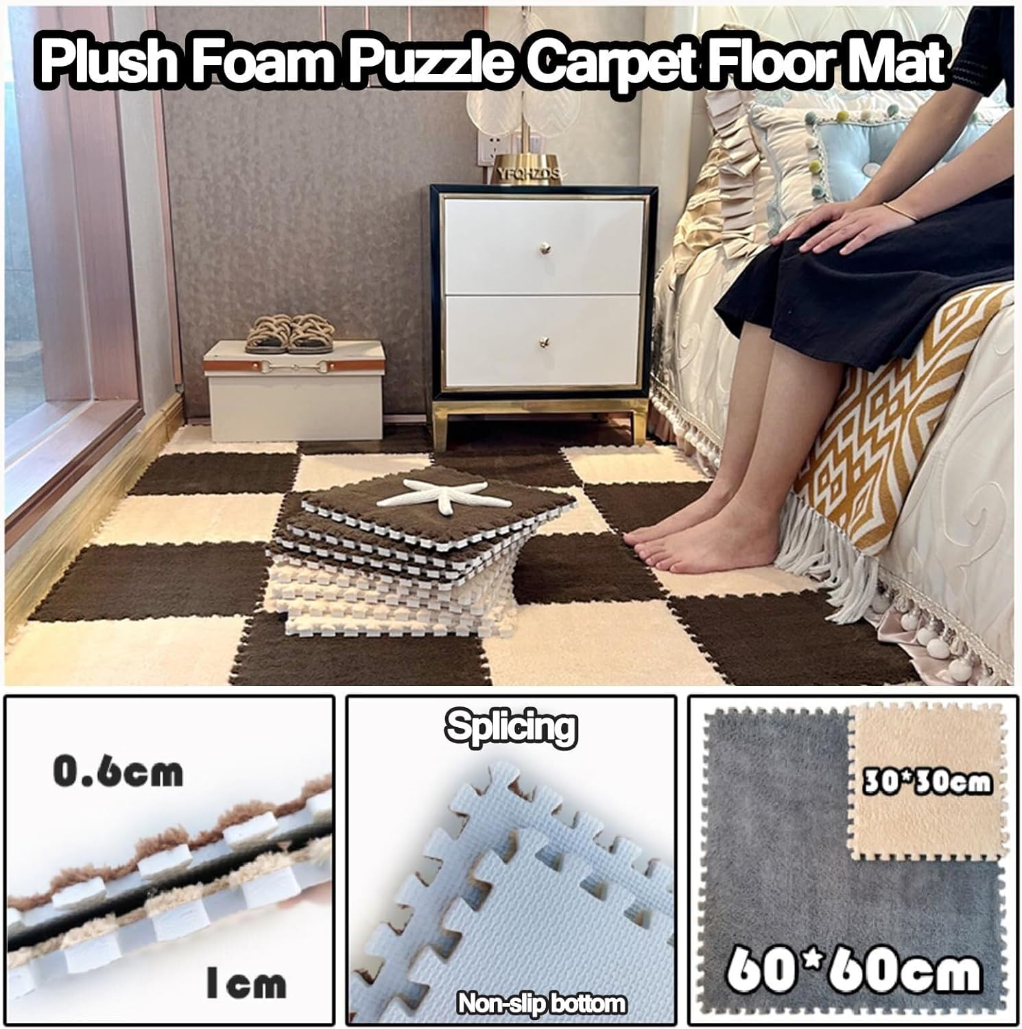 50pcs Fluffy Eva Play Mat, Non-Slip Washable for Floor Protectio, Interlocking Carpet Tiles with Border, Square Shaggy Plush Foam Floor Mat(Gray+Dark Brown)