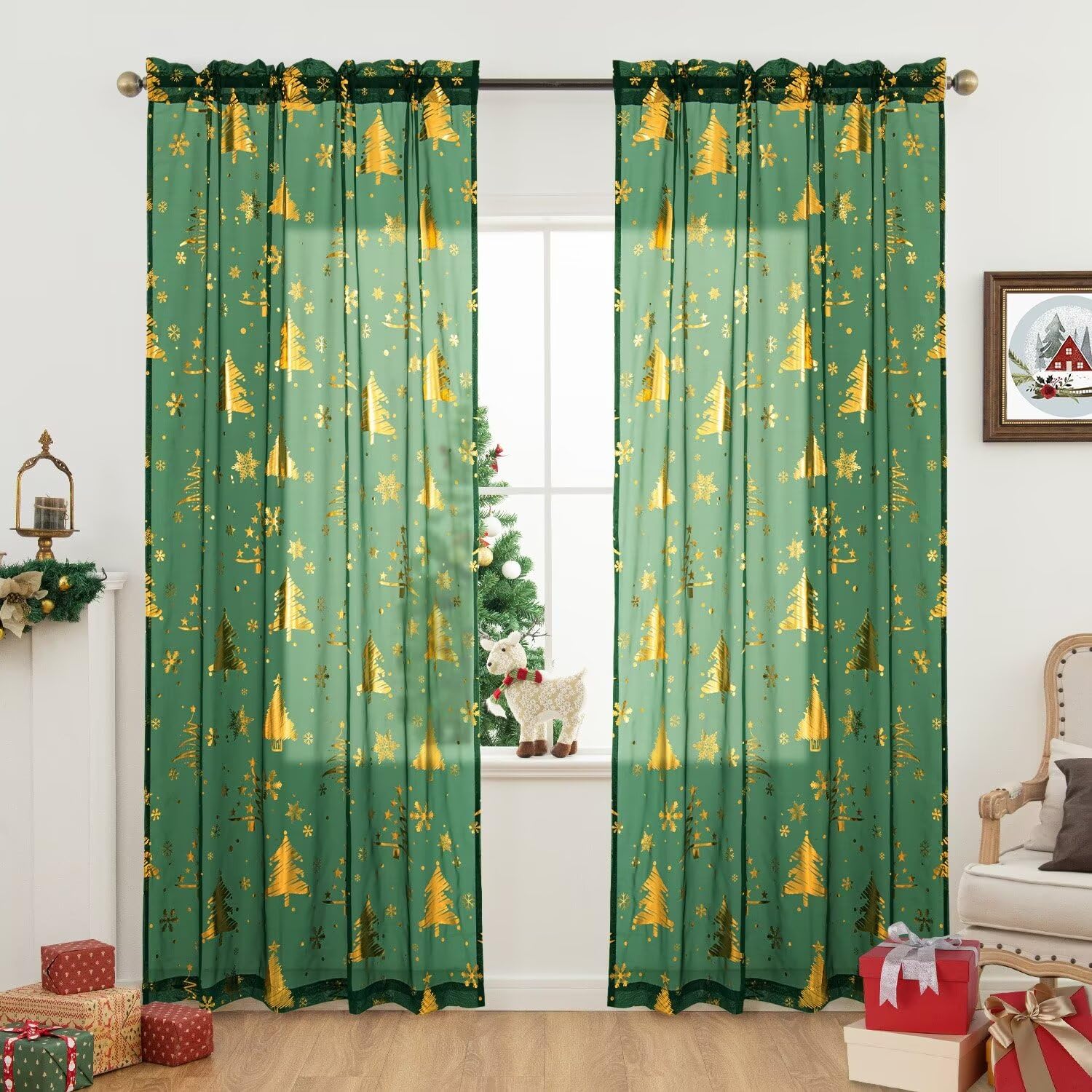 DEARTOWN Christmas Sheer Curtains, Snowflake Gold Foil Print Sheer Curtains, Rod Pocket Window Drapes Xmas Decorations for Bedroom Holiday Party,