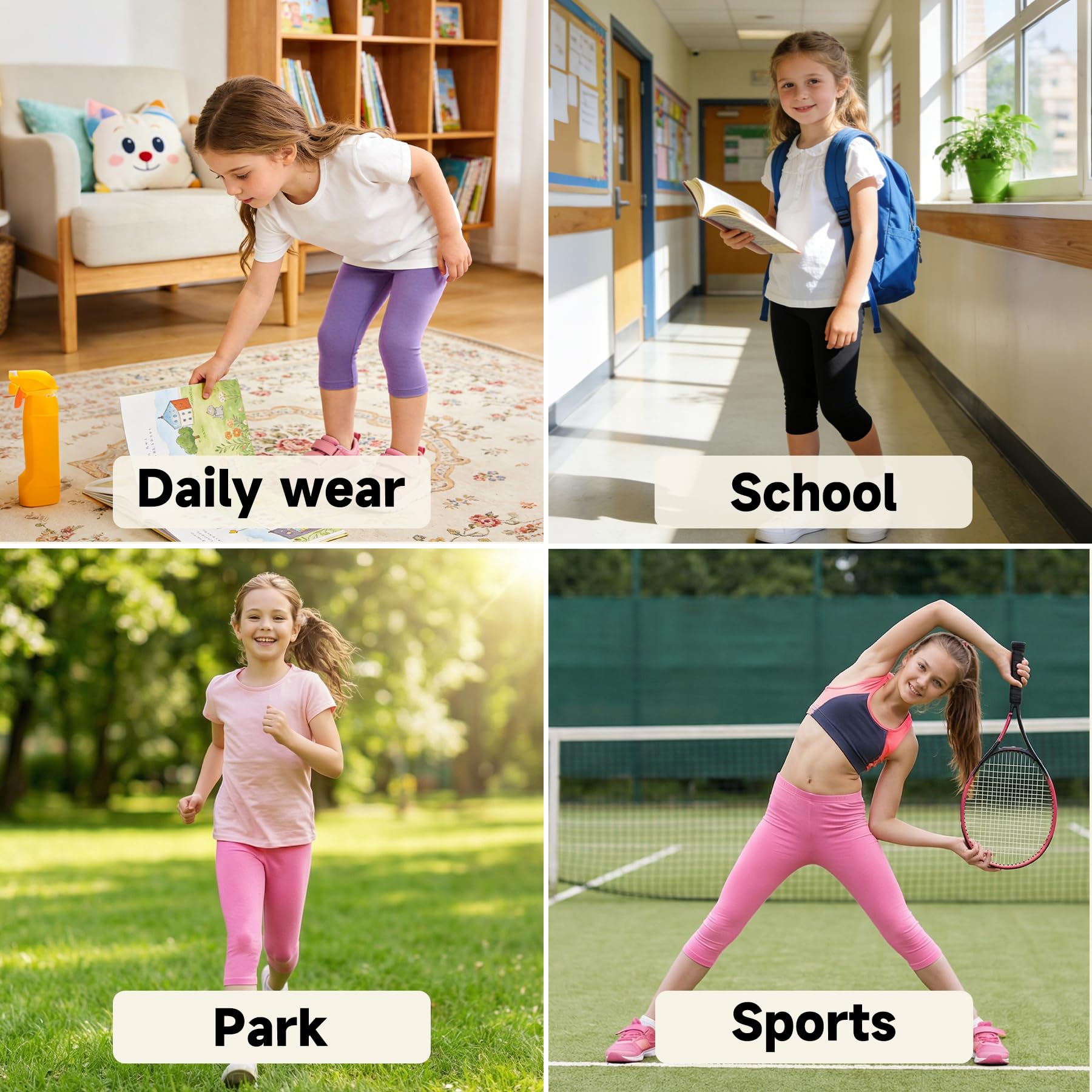 JinBei Leggings Niña Mallas 3/4 Pantalones Algodón Cortos Capri Pantalón Verano Transpirable Cintura Elástica Ciclismo Danza Deportivos Unicolor Infantiles Legging Pack de 3 para 6-13 años — view 2