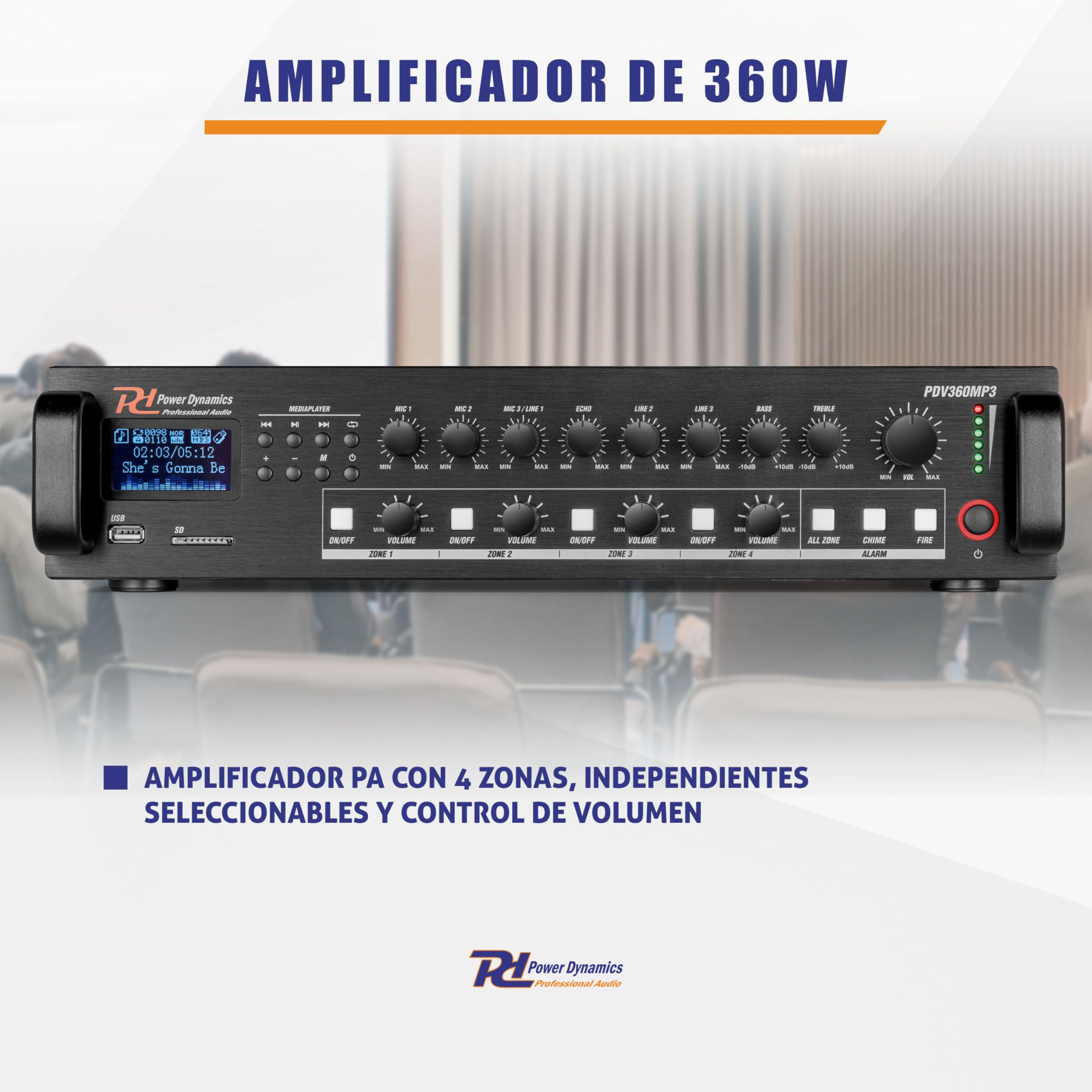 Power Dynamics BHW50BK + PDV360MP3 – Pack de 12 Altavoces Pared 5.25” 100V IPX5 con Amplificador 360W 4 Zonas Bluetooth USB SD FM y Cable 100m Sistema megafonia Profesional, Color Negro