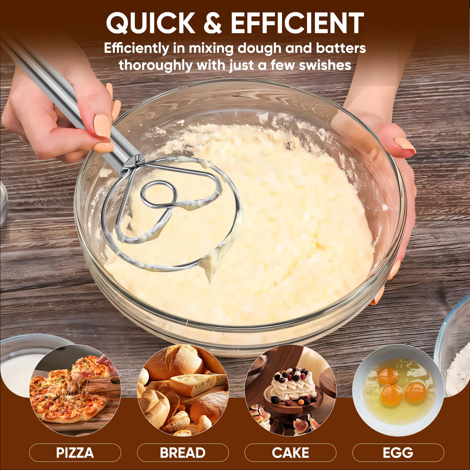 Maxjoy Batidor de masa danés, batidor de pan con gancho de acero inoxidable, batidor tradicional holandés, herramienta manual mezcladora de masa y herramientas y suministros para hacer pan de masa