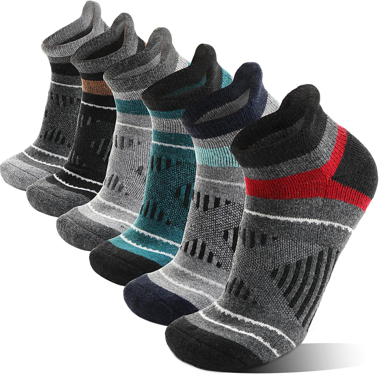EBMORE6 Pairs Merino Wool Ankle Running Hiking Socks Compression Support Thick Breathable No Show Cushion Socks for Women Men