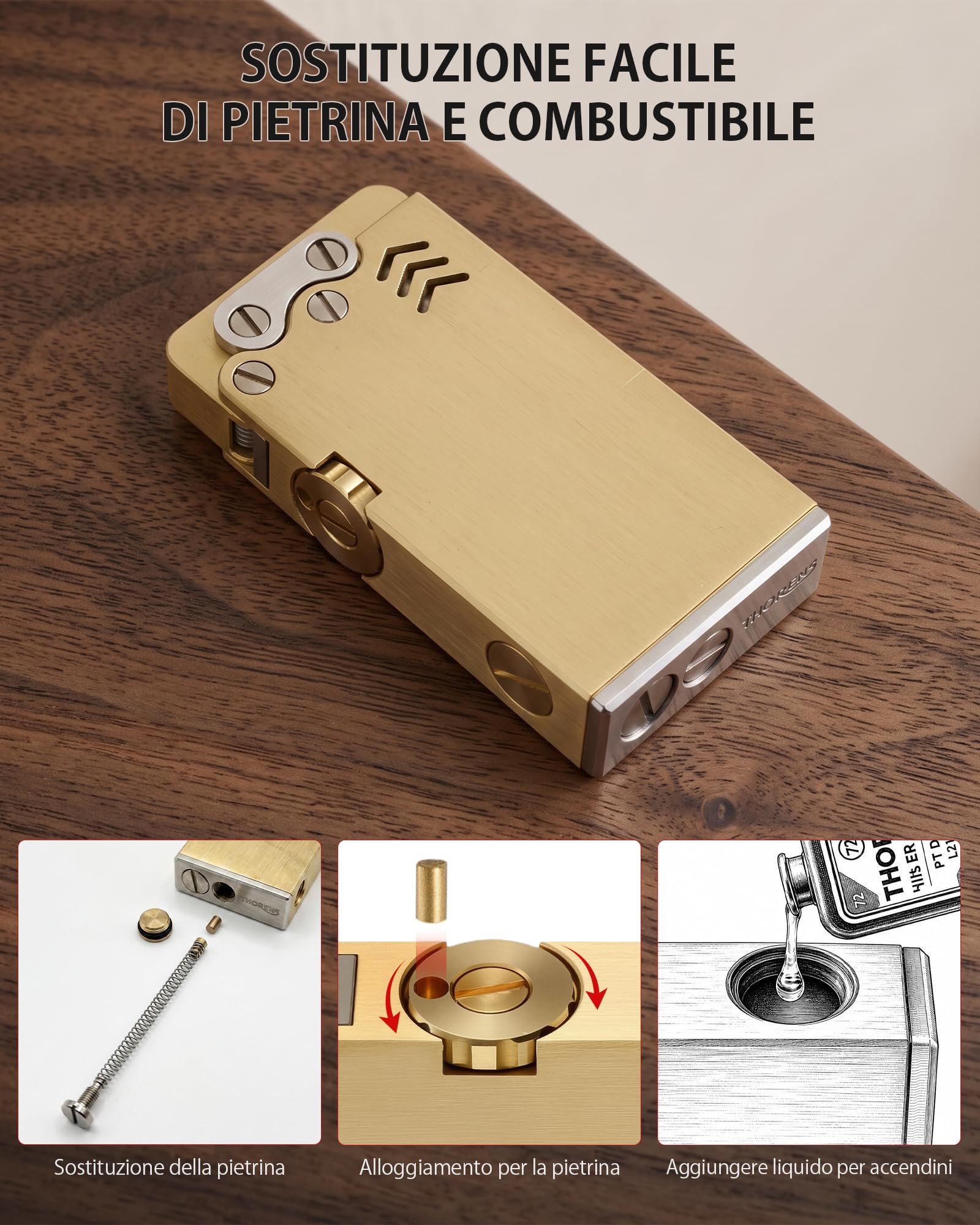 Thorens - Accendino a espulsione a cherosene, stile vintage, in ottone, classico, con fiamma morbida, riutilizzabile, antivento, regalo di lusso per uomini, campeggio all'aperto