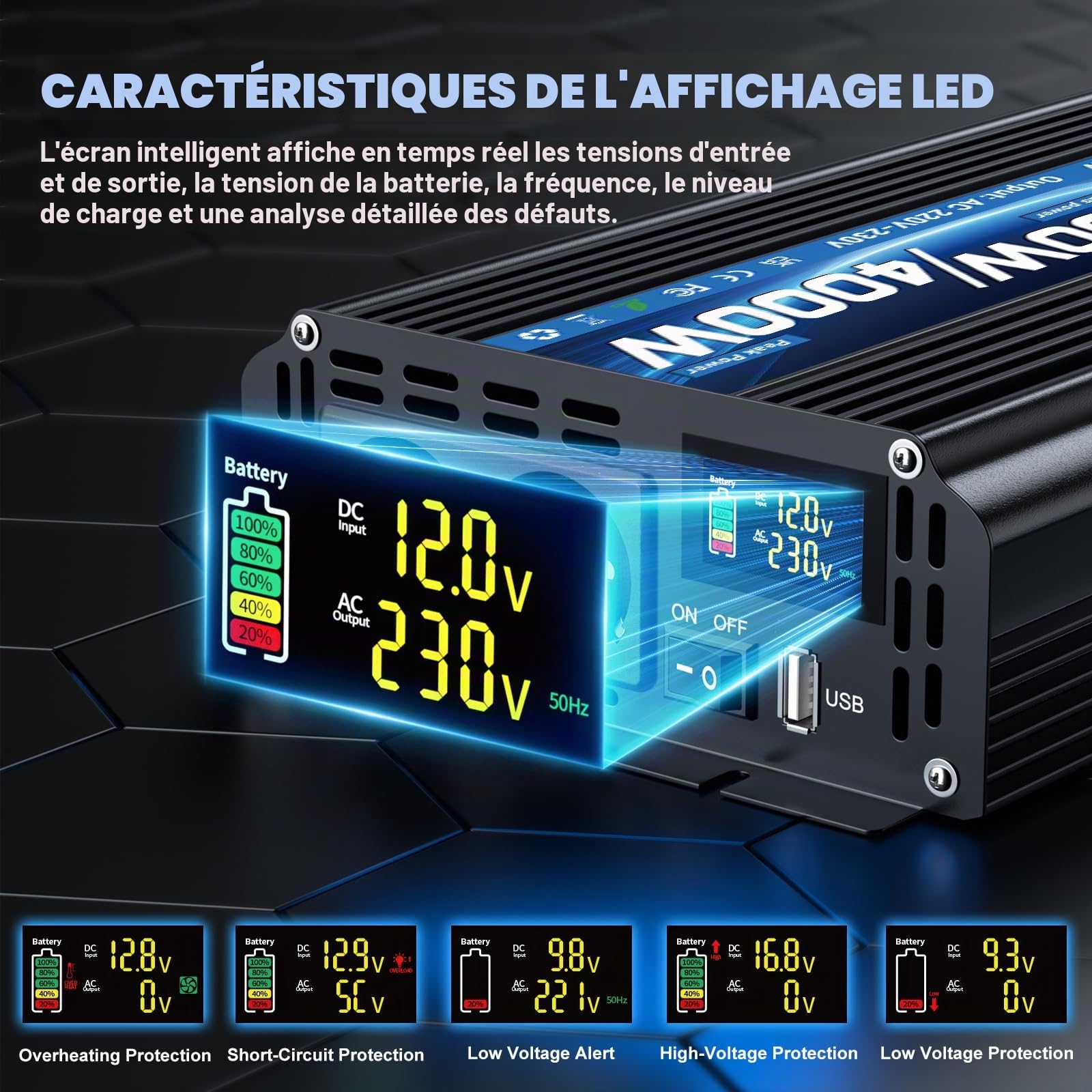 Onduleur 12 V 230 V 2000 W/4000 W Convertisseur de Tension Sinus modifié Onduleur Sine Wave avec 2 Prises CA et Ports USB et Type-C pour Voiture, Camping-Car, véhicules