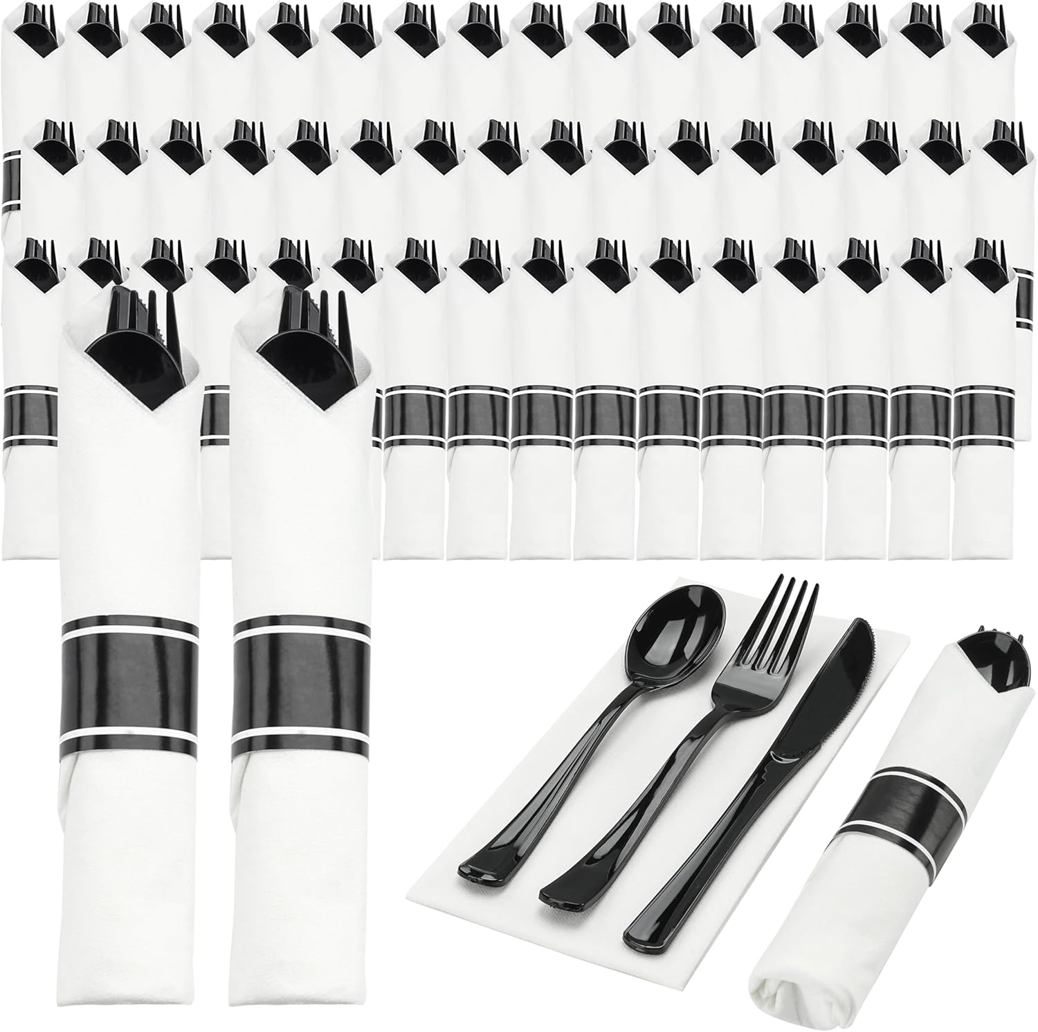 Goodluck 50 Set Red Pre Rolled Plastic Cutlery Set, Wrapped Silverware Set with 50 Forks, 50 Knives, 50 Spoons and 50 Napkins, Perfect for Party, Wedding, Christmas,Valentines