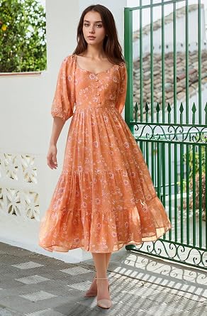 Janasya Women's Orange Flowy Floral Print Flared Casual wear Trendy Dress for Women