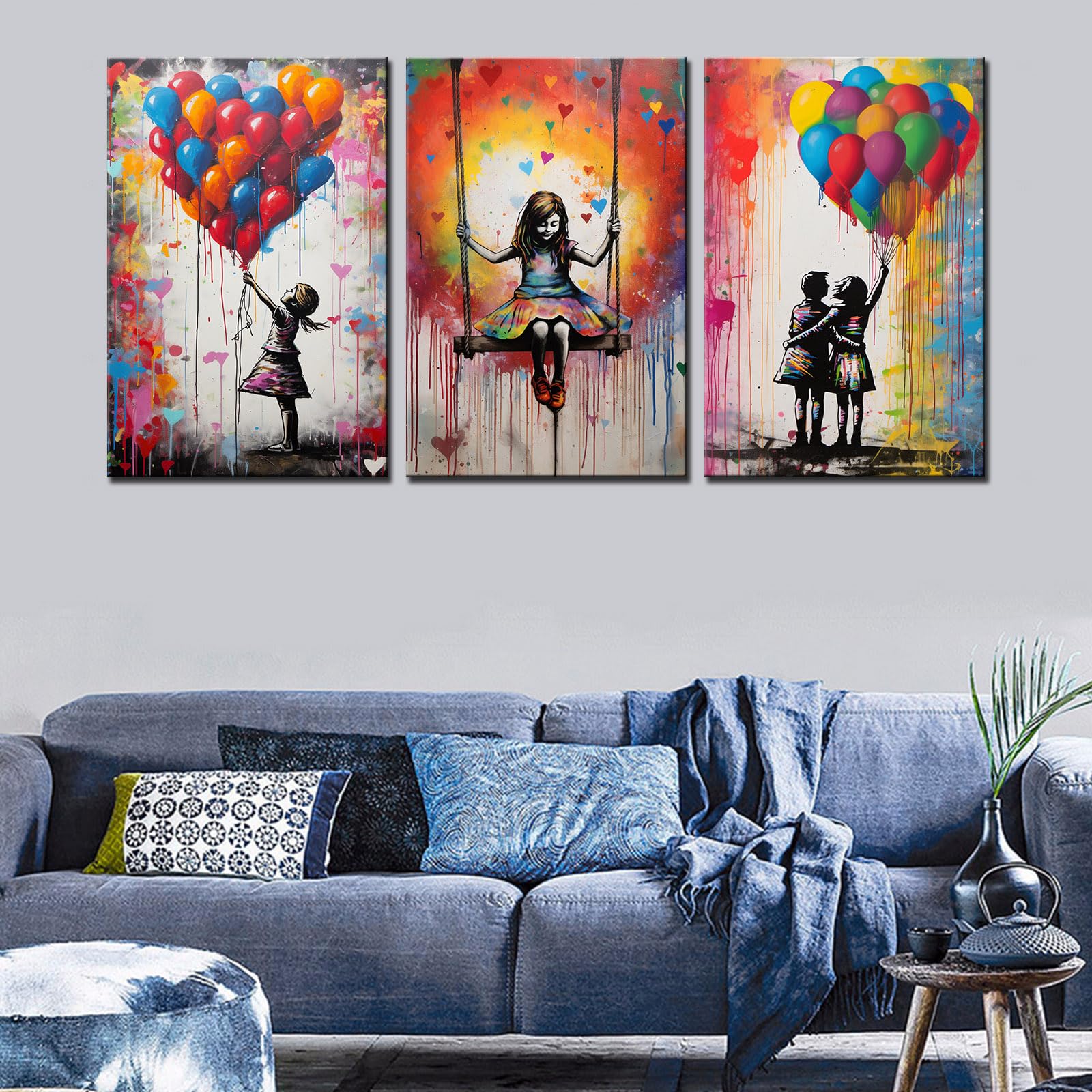 Tucocoo Room Wall Pictures Banksy Girl with Balloon Paintings 3 Piece Canvas Street Pop Art Graffiti Modern Artwork Colorful Home Decor for Living Room Wooden Framed Ready to Hang Gifts 48''Wx24''H - Image 2
