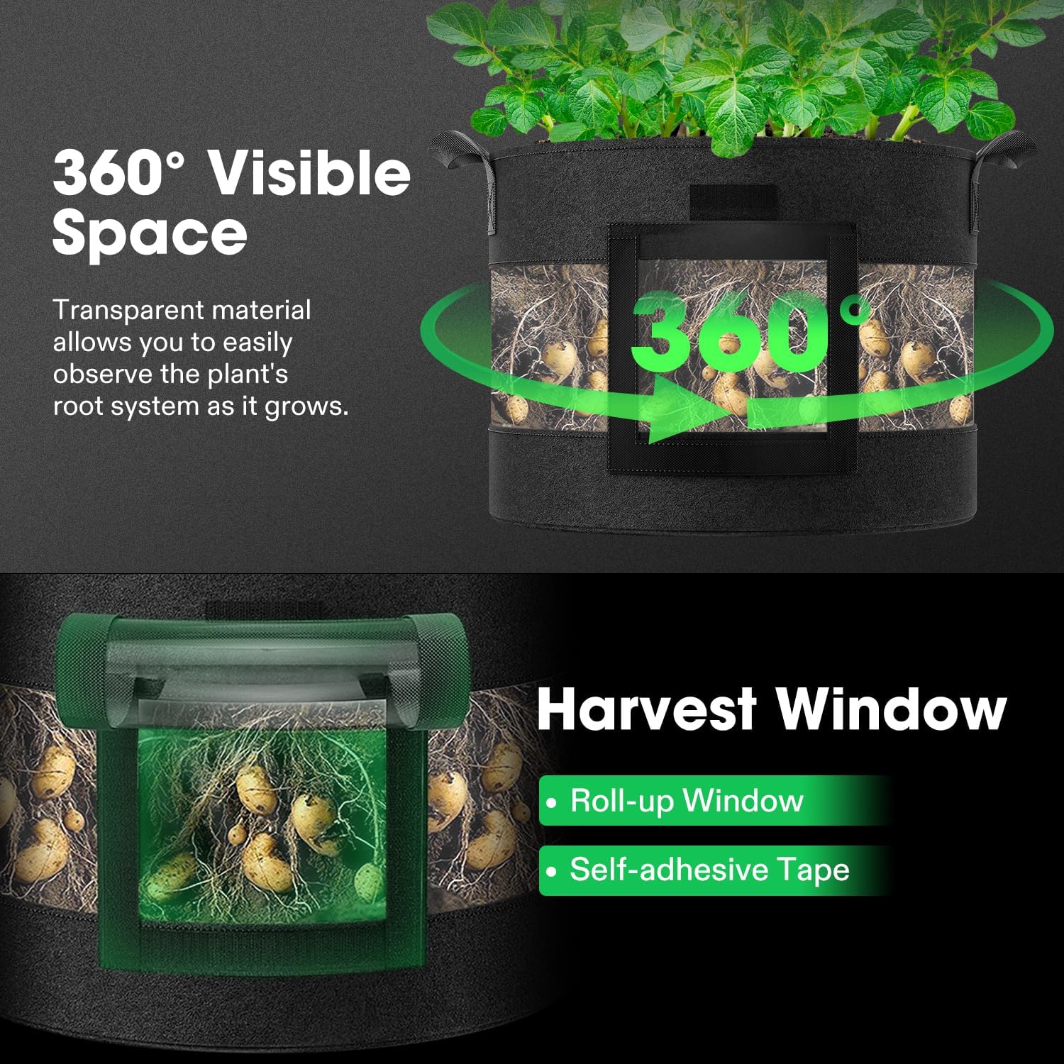 VIVOSUN 10 gallon visible potato grow bags with black fabric and harvest windows