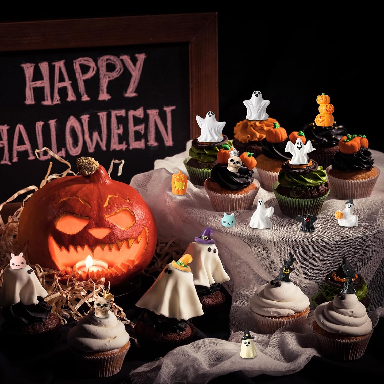 Thyle 64 Pcs Halloween Mini Miniature Figurines Mini Resin Pumpkin Ghost Ornaments Witch Hat Decorations Halloween Garden Set Ghost Figurine Bats for Home Outdoor Garden Accessories(Scary)