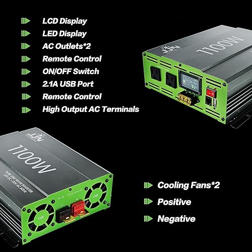 Miniatura 5 de Inversor de onda sinusoidal pura de 1100 W, CC 12 V a CA 110 V120 V, convertidor con pantalla digital LCD, control remoto con cable, inversor de