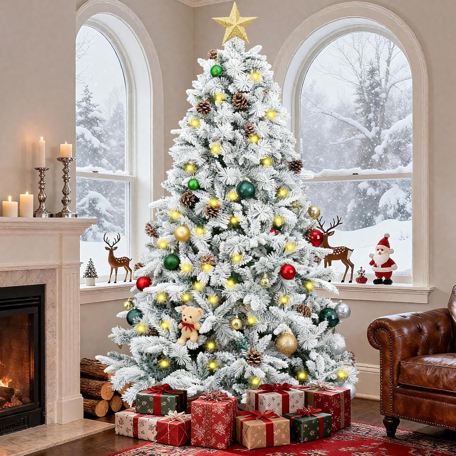 6 FT Snow Flocked Artificial Full Christmas Tree, Unlit Pine Christmas Tree with 760 Branch Tips and Foldable Base, Hinged Holiday Tree for Home, Party Decoration (Unlit Green-White, 6FT)
