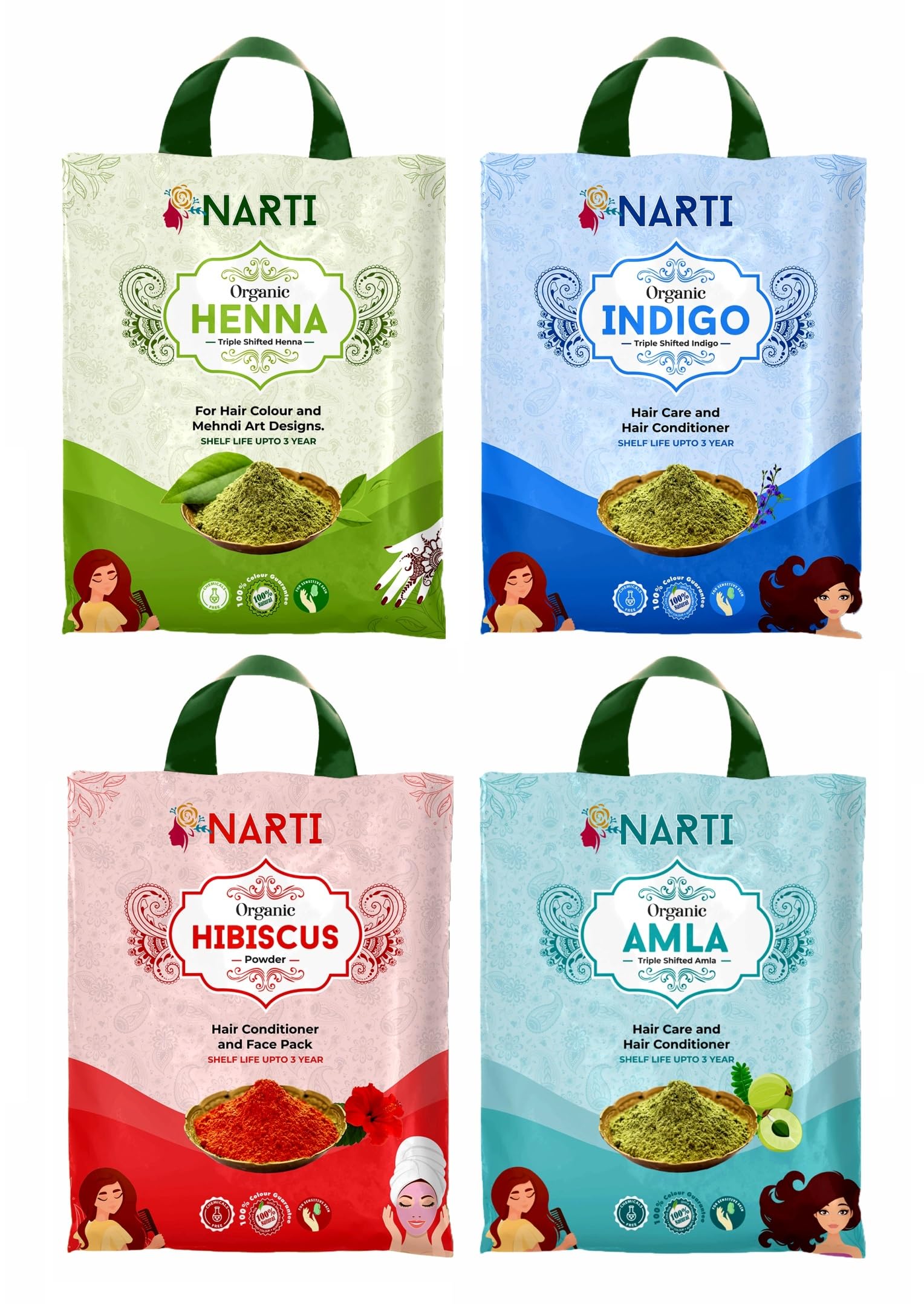 Narti premium 2 kg mix henna indigo amla hibiscus powder combo for hair care with growth | fine shifted henna indigo amla hibiscus combo pack powder to fight all hair related problem ( 500 gm Pack of 4)-picture-24