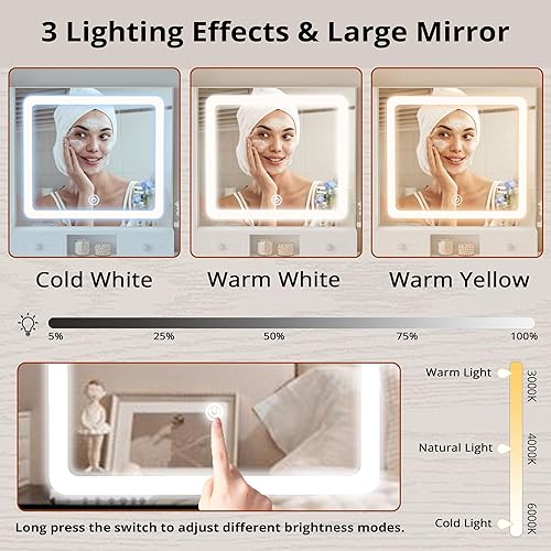 Miniatura 3 de LIKIMIO Escritorio de tocador con cajones, espejo iluminado LED, toma de corriente y gabinete, taburete de almacenamiento, elegante juego de mesa de