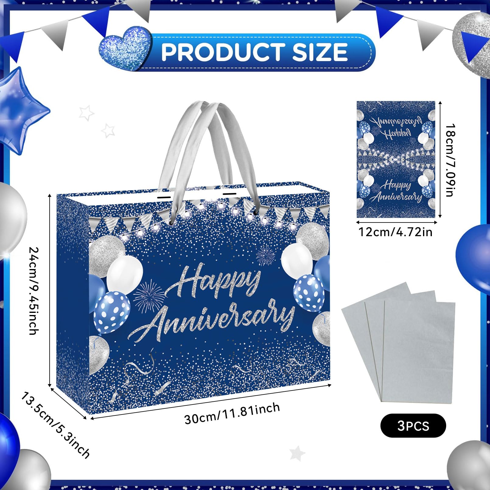 Blue Silver Party Gift Bag with Tissue Papers and Card, Wedding Paper Gift Wrapping Paper Bag11.8'' for Men Women Anniversary Party, Wedding Party Supplies